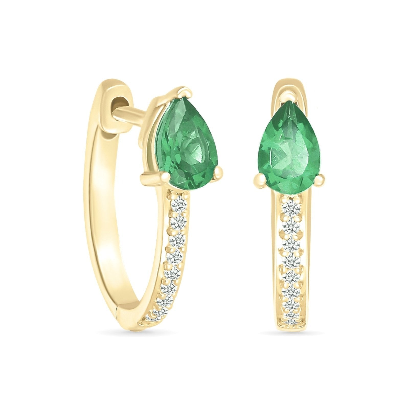 10K Yellow Gold Teardrop Emerald & White Sapphire Hoop Earrings for Women - Elegant Dangle Earrings for Party, Wedding & Special Occasions