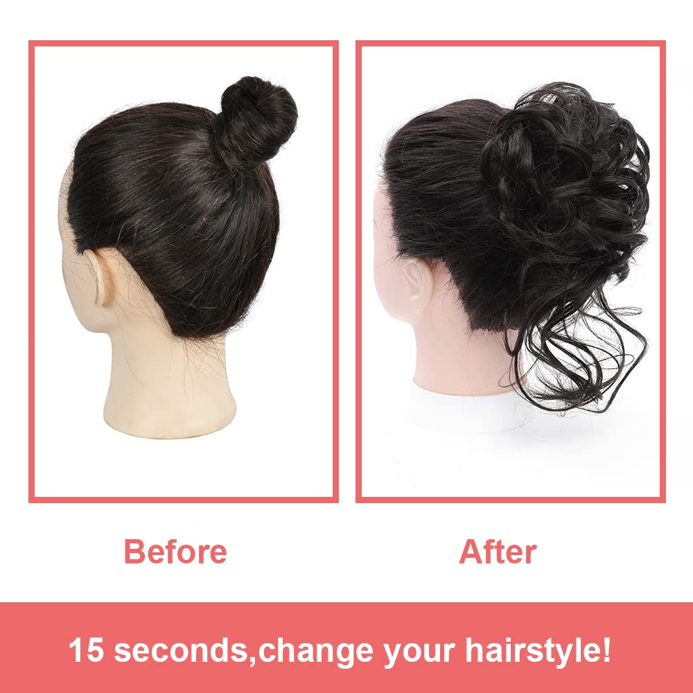 KETHBE Messy Bun Hair Piece - Tousled Updo Hair Extension with Elastic Band, Curly Hair Bun Scrunchie for Women (Brownish Black) - Perfect for Casual, Party & Everyday Hairstyles
