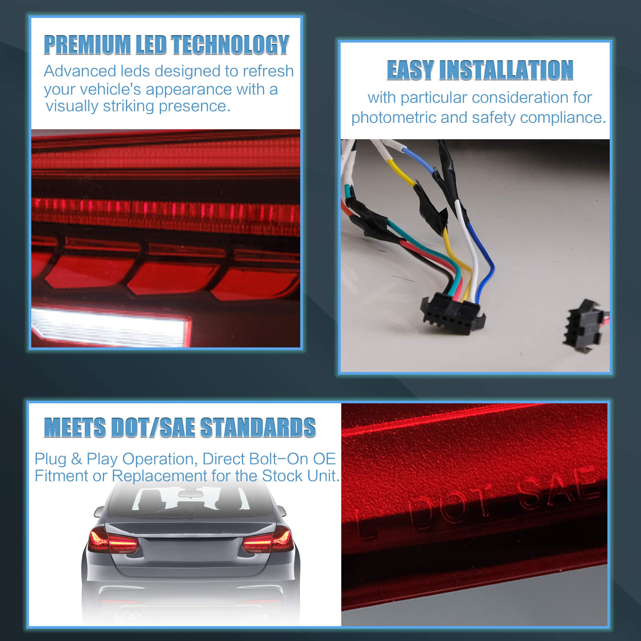 VLAND OLED Tail Lights Assembly for BMW 3 Series F30 F35 F80 Sedan (2013-2018) - Plug & Play Red LED Lights - Direct Fit Replacement - Enhances Night Visibility & Style