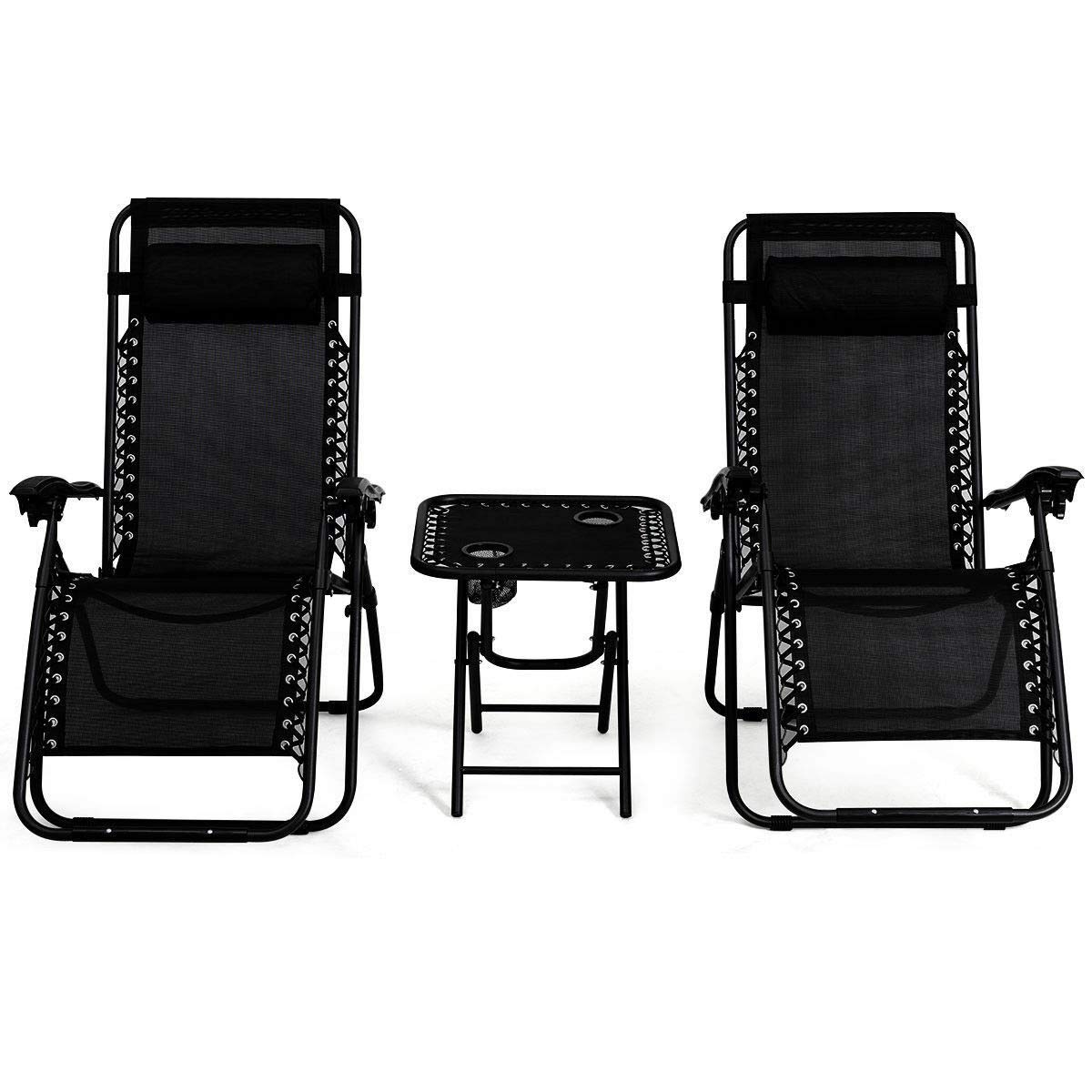 Premium Folding Zero Gravity Recliner Lounge Chair with Side Table - 3-Piece Patio Set for Camping, Beach, Backyard & Poolside Relaxation - Heavy Duty & Portable Outdoor Furniture in Black