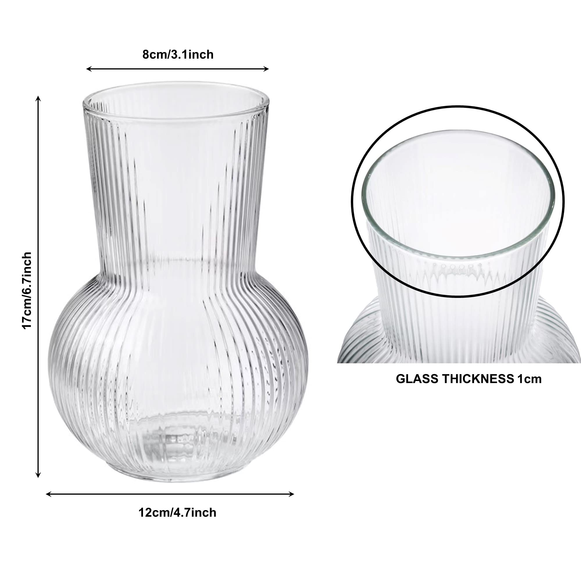 Elegant Ribbed Glass Vase - 17cm (6.6 Inch) Flower Vase for Roses, Tulips, Peonies & Daffodils - Perfect for Home Decor, Wedding Centerpieces & Tabletop Arrangements