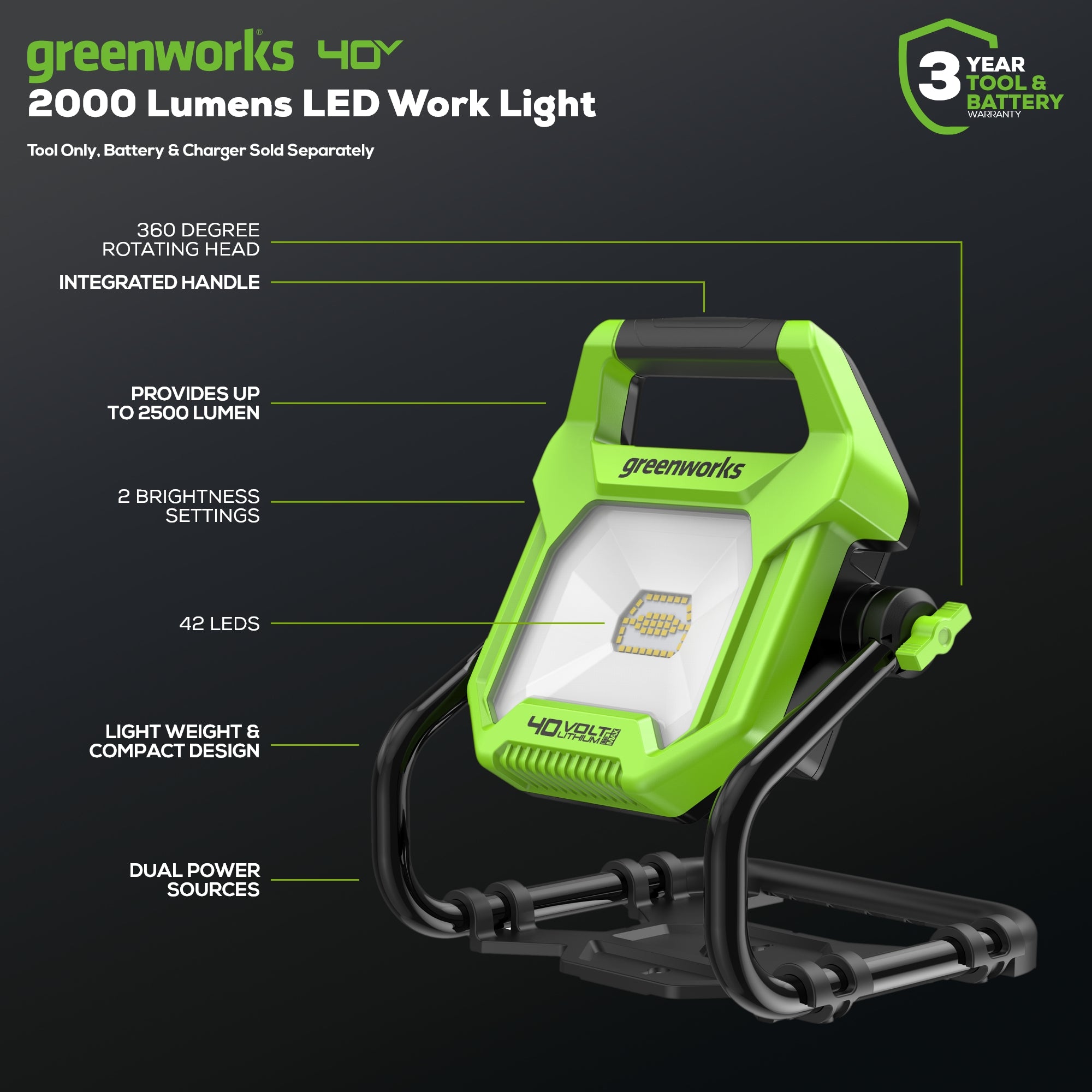 40V AC/DC 2000 Lumen Rechargeable LED Work Light - Powerful Cordless Job Site Lighting for Construction, Auto Repair & Outdoor Projects (Tool Only)