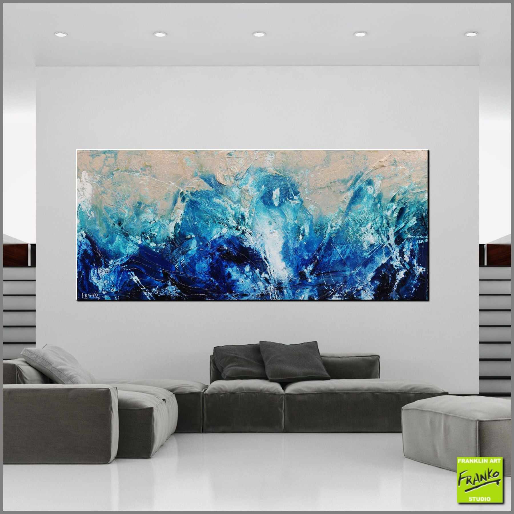 Freedom 240cm x 100cm Cream Blue Textured Abstract Canvas Wall Art - Perfect for Living Room, Bedroom & Office Decor