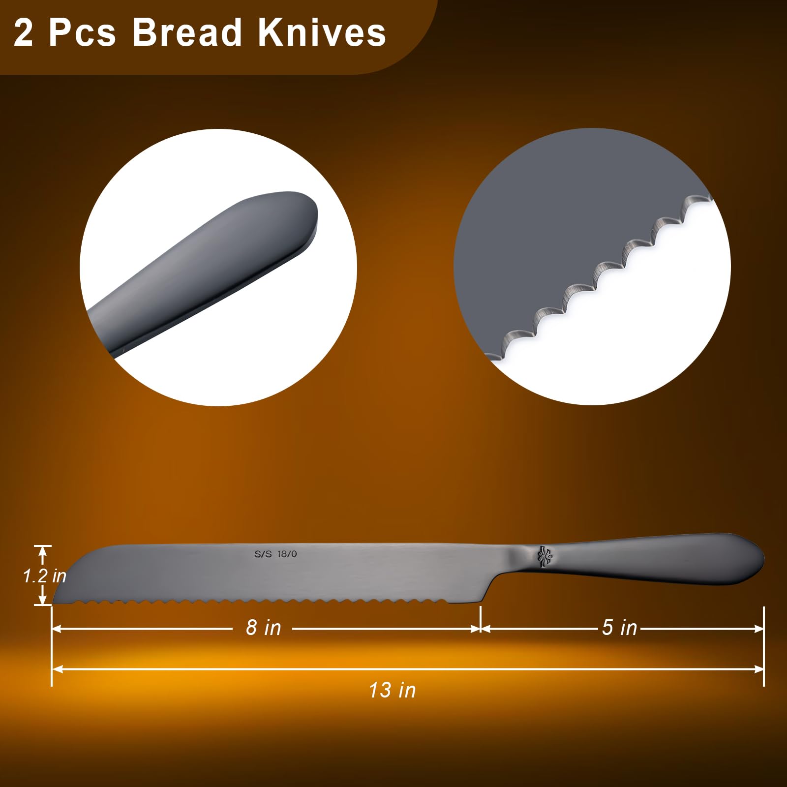13-Inch Serrated Bread Knife Set of 2 - Professional Stainless Steel Bread Slicing Knives for Bakers & Baking Enthusiasts - Perfect for Cutting Homemade Bread, Cakes & Pastries - Ideal for Kitchen, Bakery & Home Use