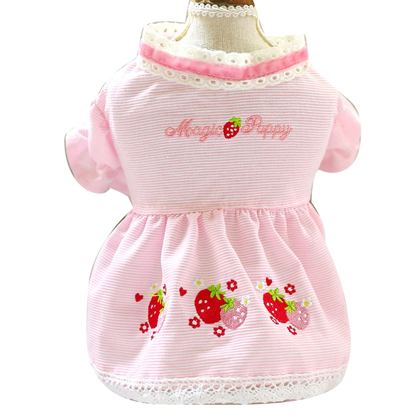 KOqwez33 Spring Strawberry Print Striped Puppy Cat Princess Dress Skirt for Small Dogs - Pink Pet Costume for Parties, Photos & Special Occasions