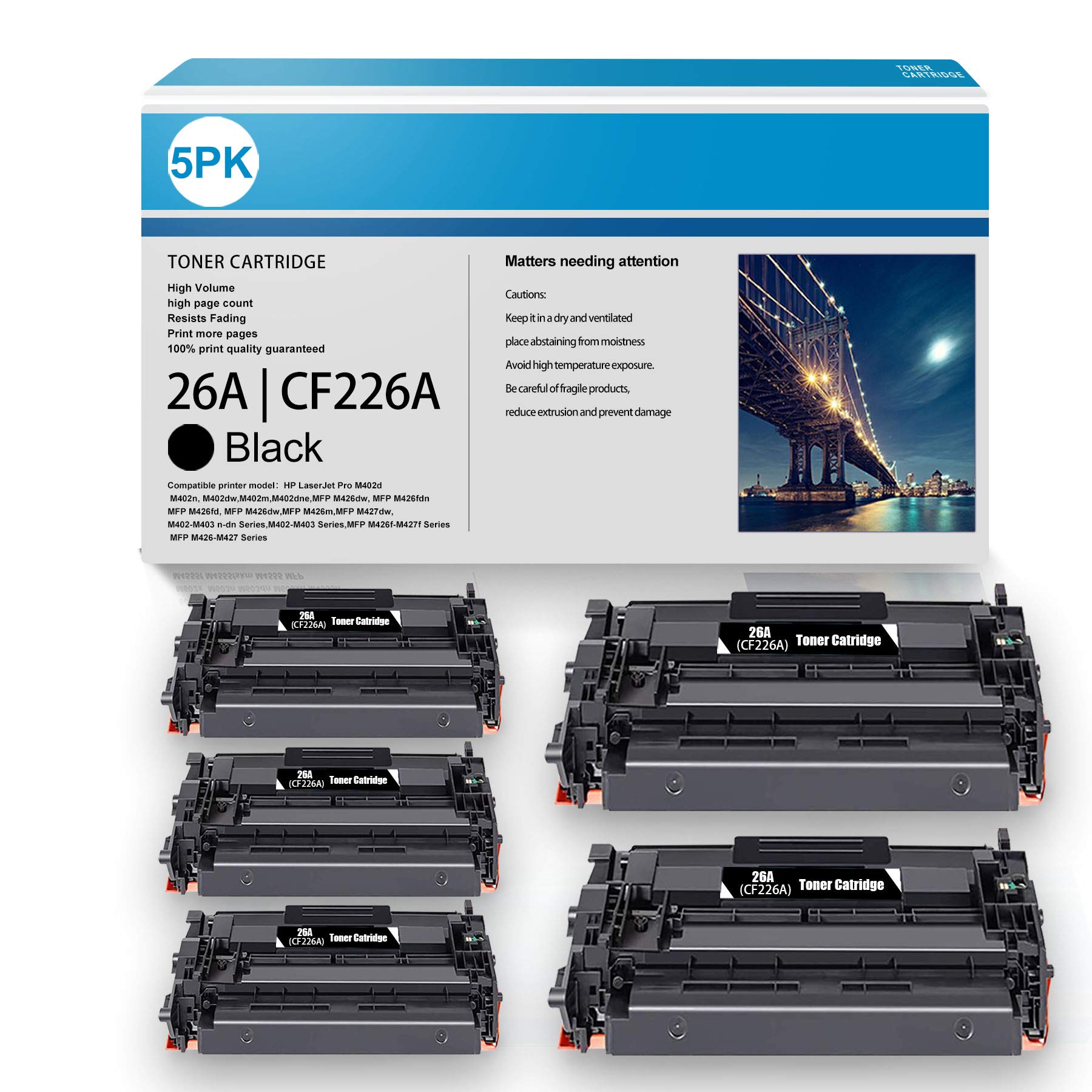 High-Quality 26A | CF226A Toner Cartridge Replacement for HP Pro M402d/M402dn/M402m/MFP M426dw/M426fdw/M426m/M427dw/M402-M403 Series Printers - 5-Pack Black - Perfect for Office & Home Printing Needs
