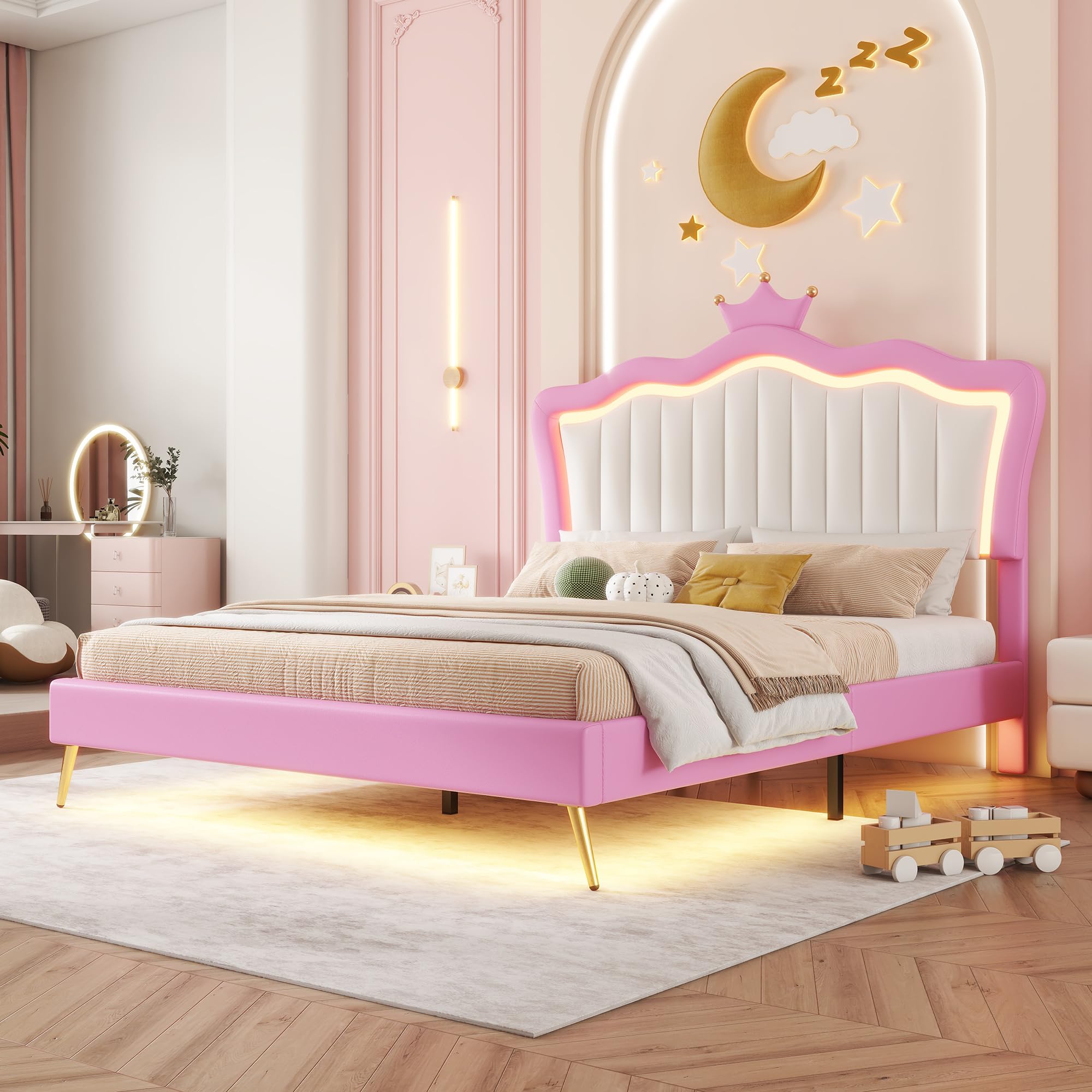 Linique Full Size Upholstered Bed Frame with LED Lights - Modern Princess Bed with Crown Headboard in Pink & White - Perfect for Girls' Bedroom, Teen Room Decor & Luxury Bedroom Makeover