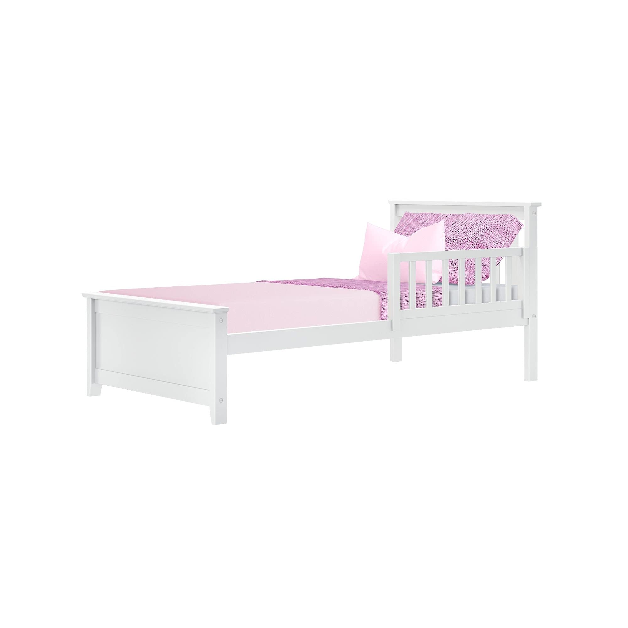 Max & Lily Twin Bed Frame with Headboard - White Wooden Slatted Design with Safety Guard Rail for Kids | Perfect for Bedrooms, Playrooms & Sleepovers