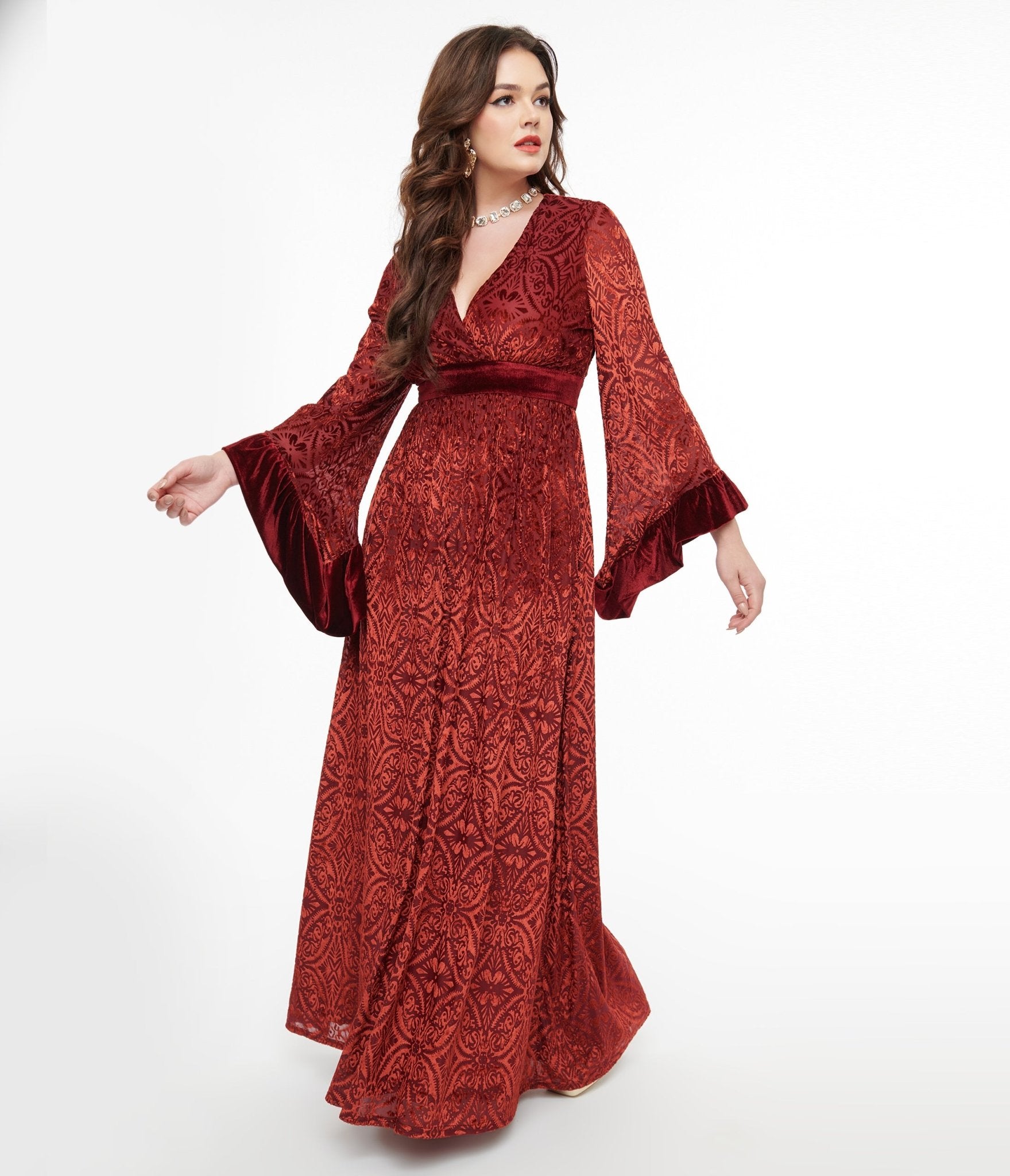 Vintage 1970s Burgundy Velvet Burnout Maxi Dress for Women - Retro Long Sleeve Bohemian Party Gown - Perfect for Halloween, Costume Parties & Special Occasions