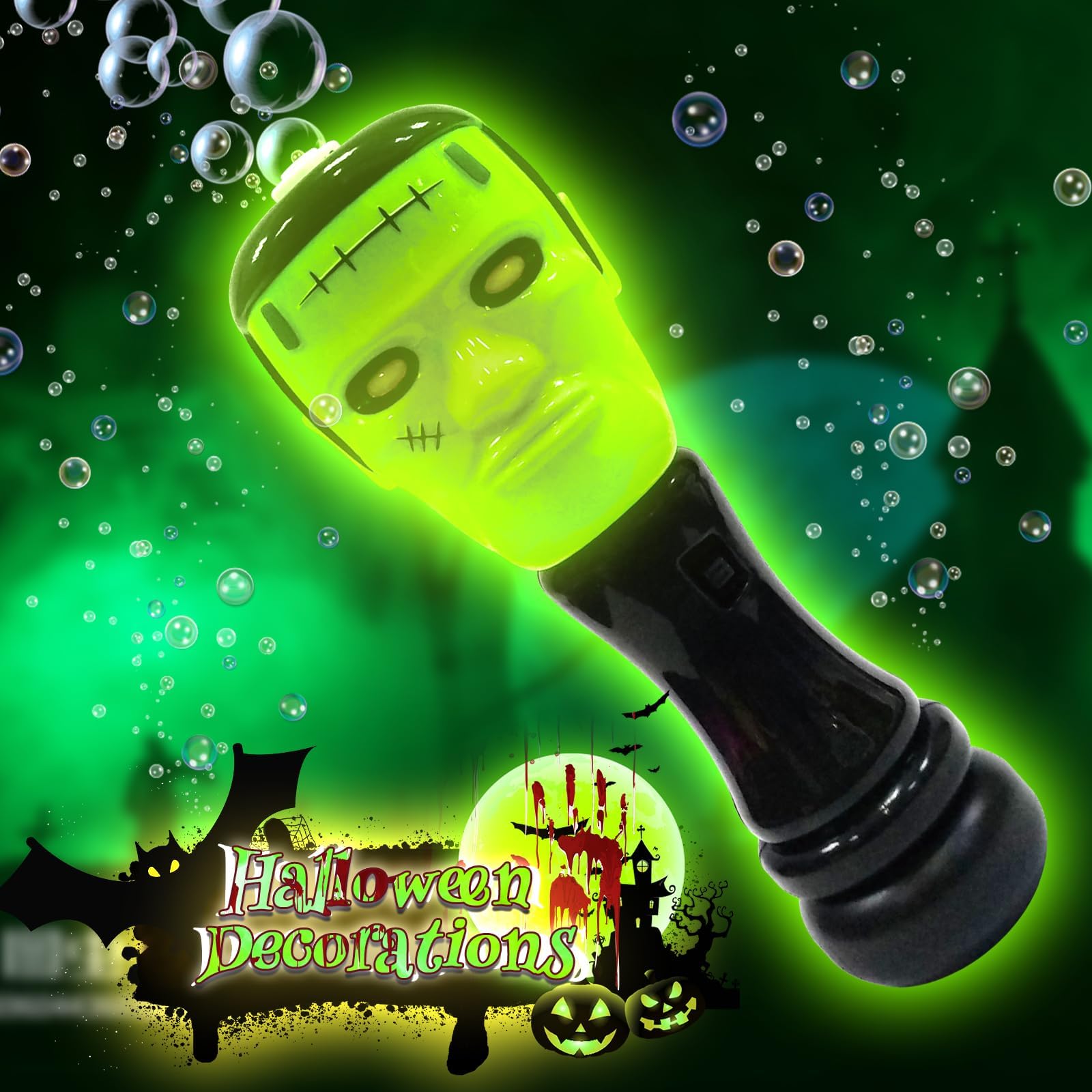 Halloween Bubble Blower Wand - 2 Pack Automatic Light Up Handheld Bubble Machine with Pumpkin & Science Freak Design, Kids Halloween Party Favors & Outdoor Play Toys for Trick-or-Treating, Backyard Parties & Festive Celebrations
