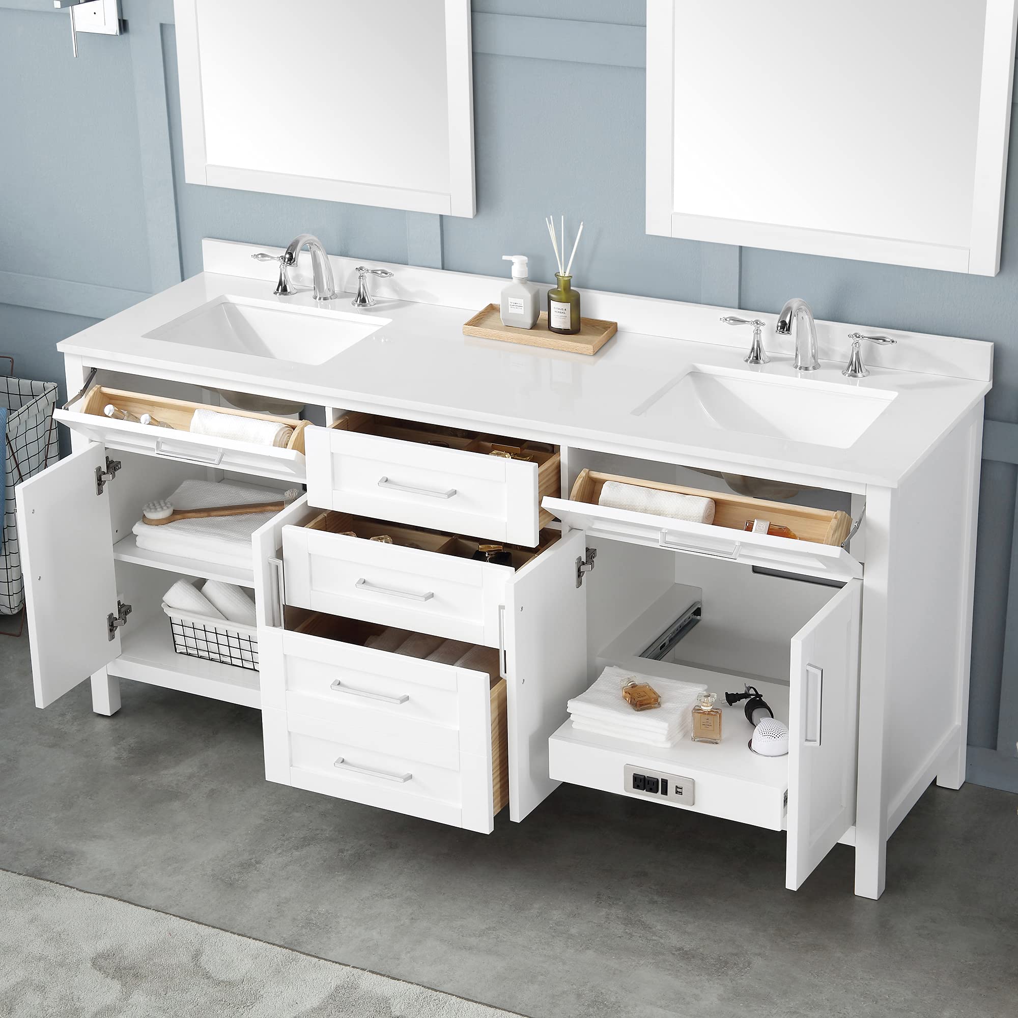 OVE Decors Maya 72 Inch White Bathroom Vanity with Carrara Marble Countertop - Modern Double Sink Vanity for Master Bathroom & Powder Room