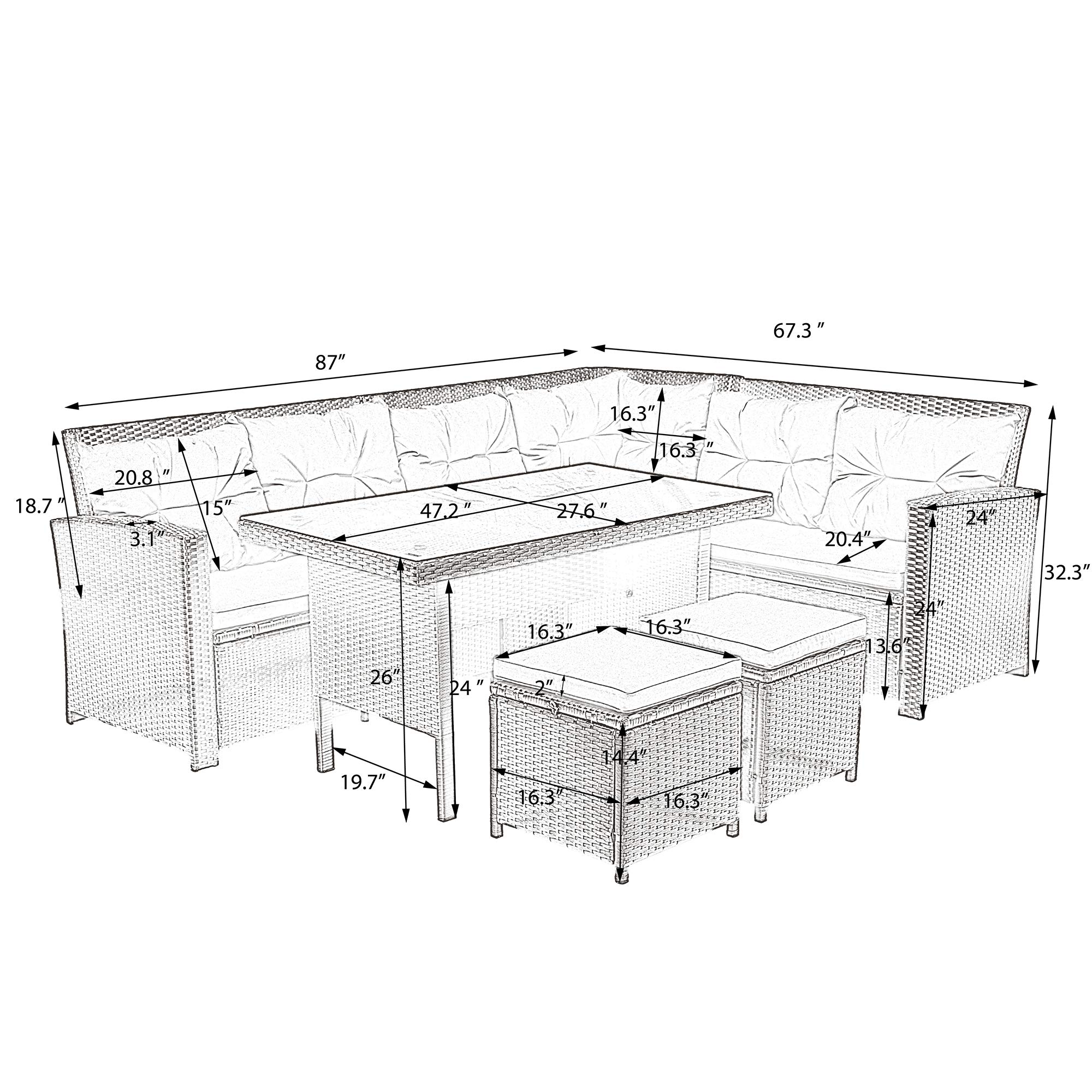 RUNNA 6-Piece Outdoor Patio Furniture Set - Waterproof Sectional Sofa with Tempered Glass Table & Ottomans for Poolside, Backyard, Garden, Lawn (Gray) - Perfect for Relaxing, Entertaining Guests & Outdoor Dining