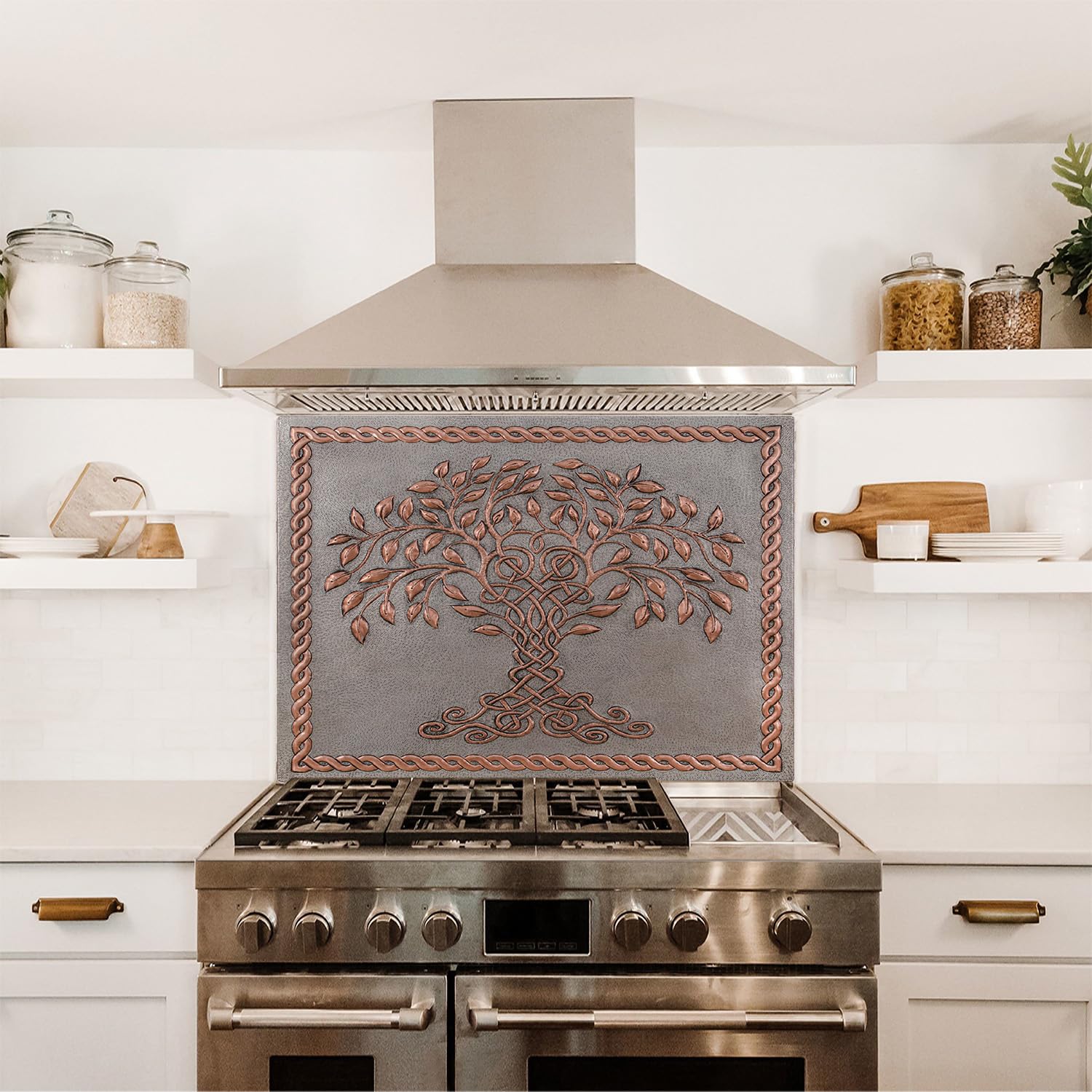Handmade Celtic Tree of Life Copper Kitchen Backsplash Tile with Knot Border - Custom Indoor Outdoor Wall Decor for Kitchen, Bathroom & Patio (Gray & Copper)