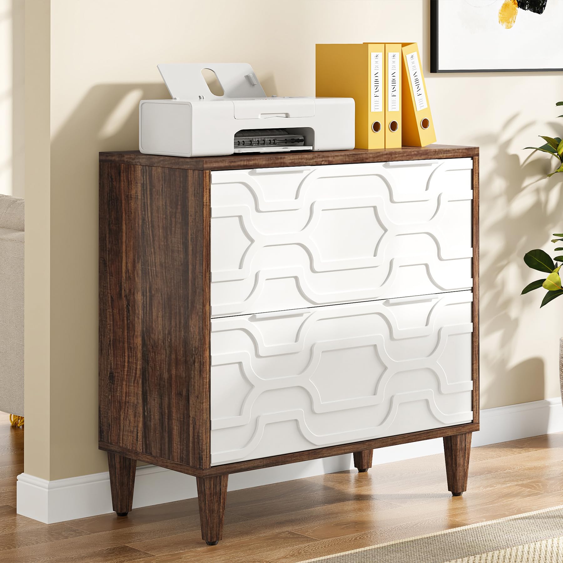 Tribesigns 2-Drawer Lateral File Cabinet for A4/Letter/Legal Size Documents - Office Storage Cabinet with Printer Stand, Home Office Organization Solution in Brown & White - Perfect for Paper Storage, Printer Organization & Workspace Decluttering