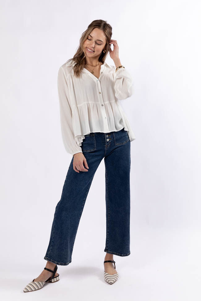 Something Good Ivory Tiered Relaxed Button Down Blouse for Women - Casual Office Wear & Spring Outfits