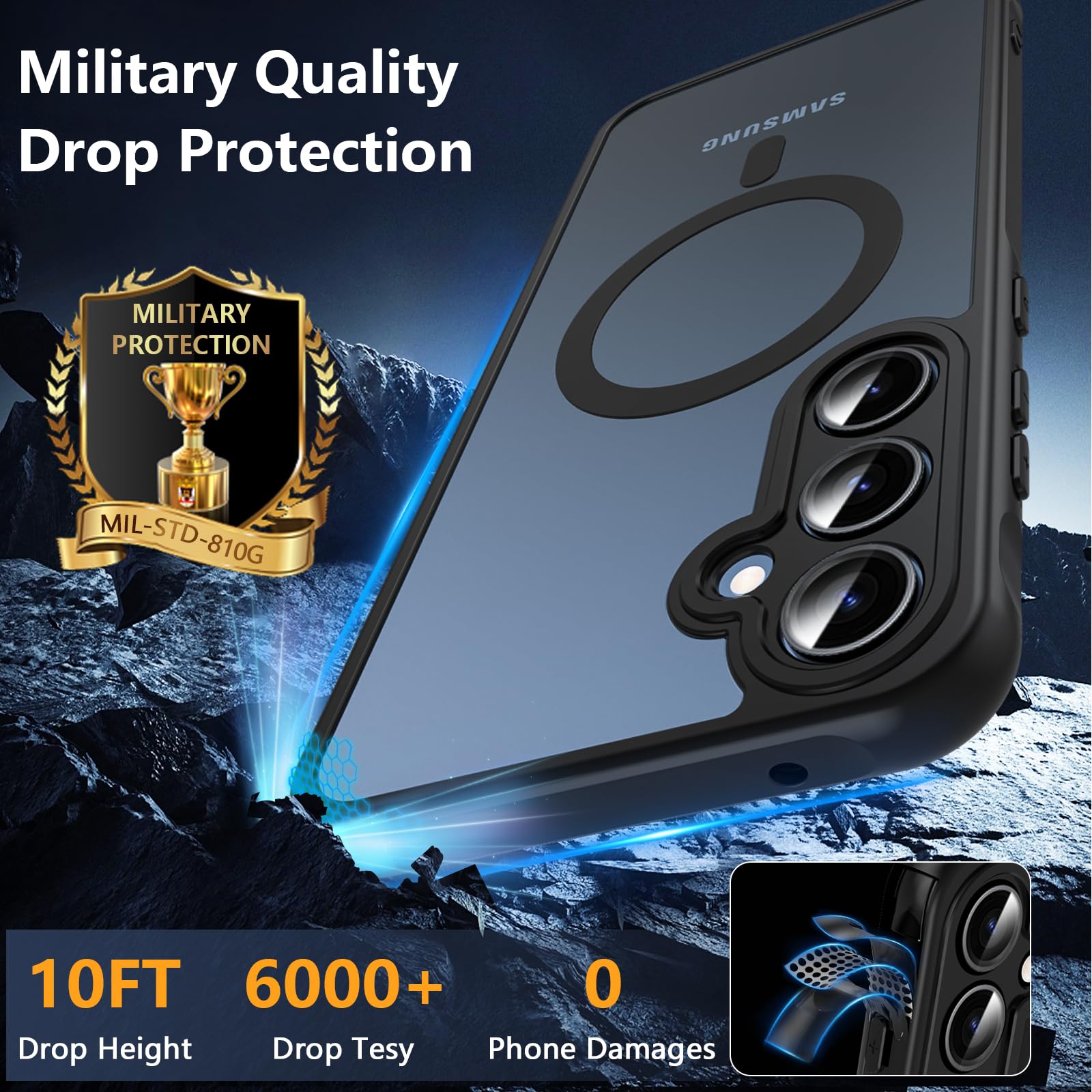 Shockproof Magnetic Case for Samsung Galaxy A55 5G with Tempered Glass - Translucent Matte Military-Grade Protection Hard Cover (Black) | Perfect for Outdoor Activities, Travel & Daily Use