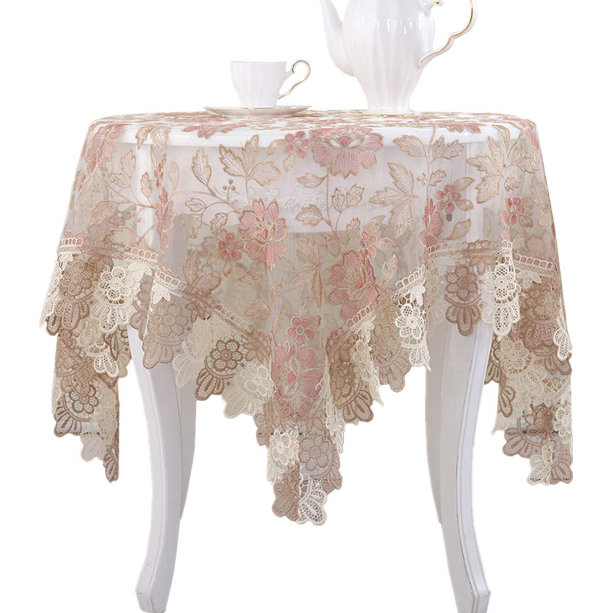 Elegant Pink Lace Polyester Tablecloth 36x36 Inch - Embroidered Square Table Cover for Bedside, Small Tables (2 Seats) | Perfect for Tea Parties, Weddings & Home Decor