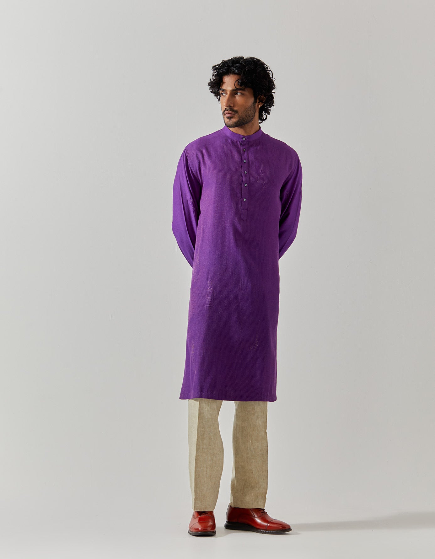 Roshan Bade Miyan Kurta - Premium Muga Satin Purple Men's Traditional Indian Tunic - Perfect for Weddings, Festivals & Cultural Events