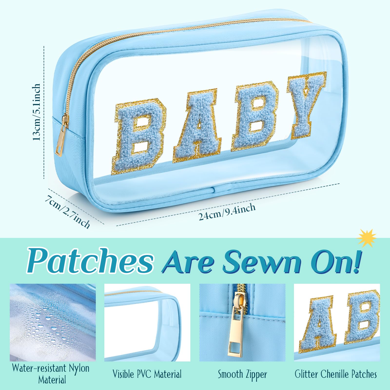 4-Piece Clear Chenille Letter Travel Toiletry Bag Set - Waterproof Zippered Cosmetic Pouch for Mom & Baby, Diaper Organizer, Makeup Storage - Perfect for Airplane, Gym, Beach & Baby Essentials (Fresh Color)