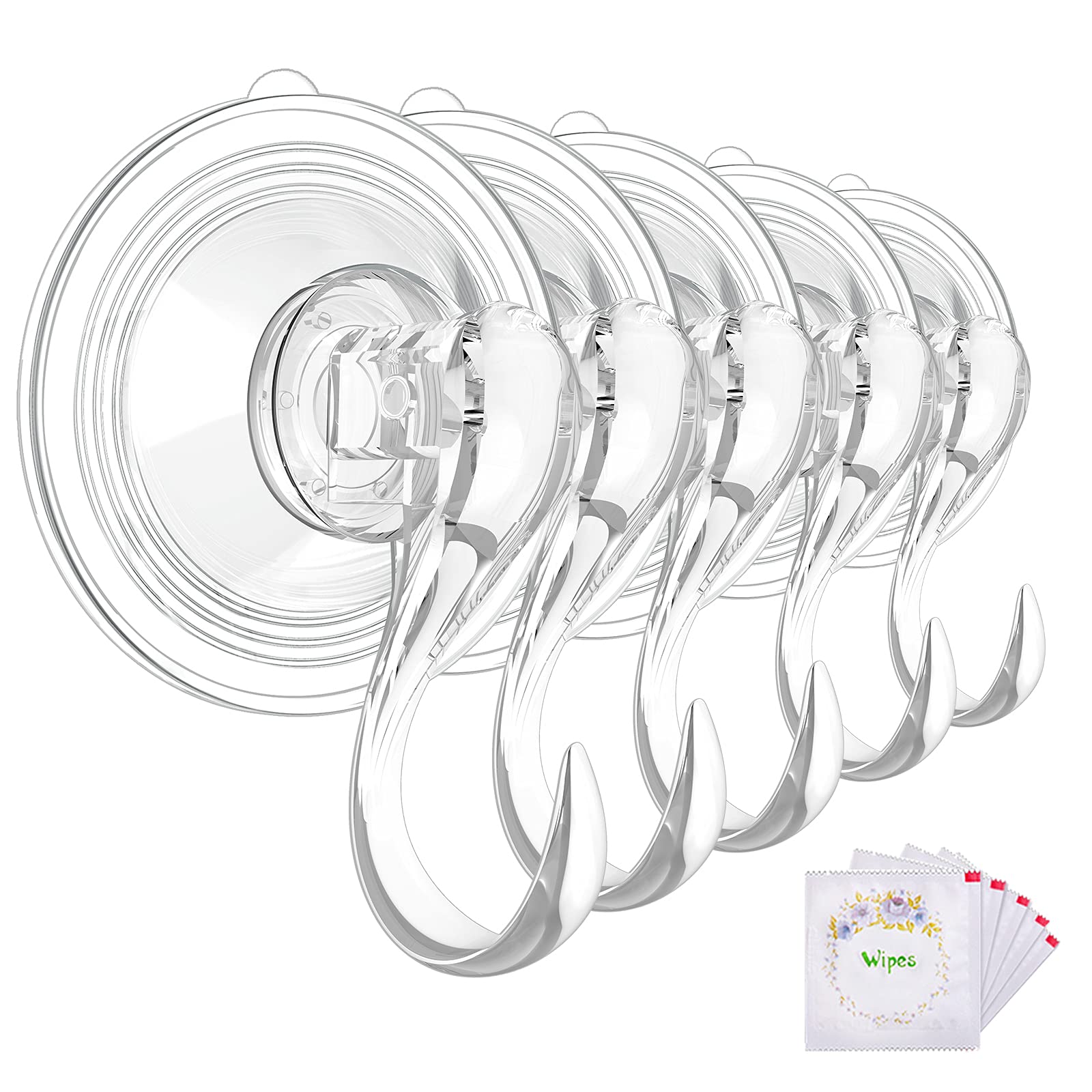 VIS'V Heavy Duty Large Suction Cup Hooks with Wipes - 5 Pack Clear Removable & Reusable Hooks for Bathroom, Kitchen, Shower, Car, RV - Strong Adhesive Hangers for Organizing Towels, Keys, Utensils