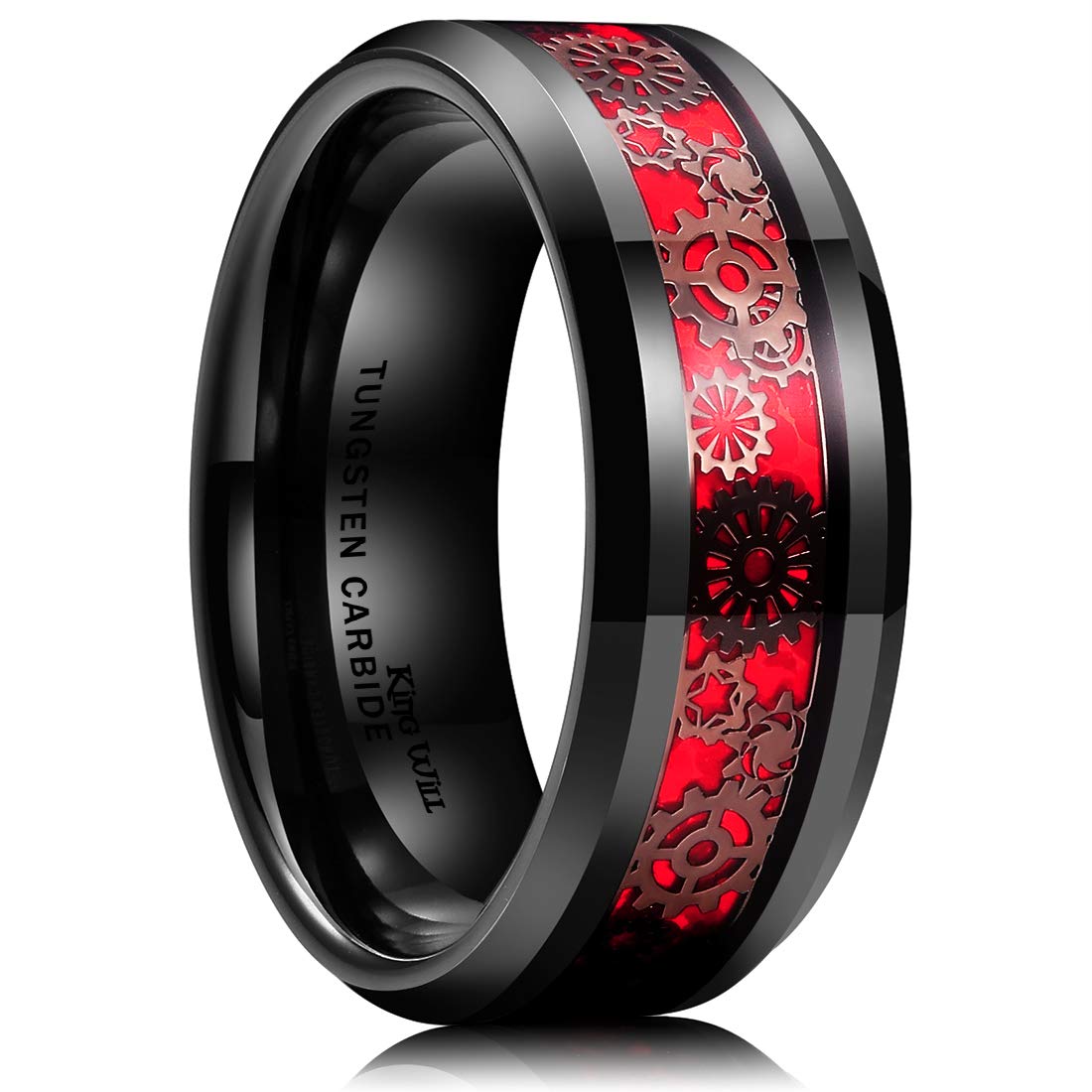 King Will Men's 8mm Tungsten Carbide Ring - Silver/Gold/Red/Yellow Steampunk Gear Design with Carbon Fiber Inlay - Durable Wedding Band & Fashion Statement for Grooms, Engagements & Special Occasions