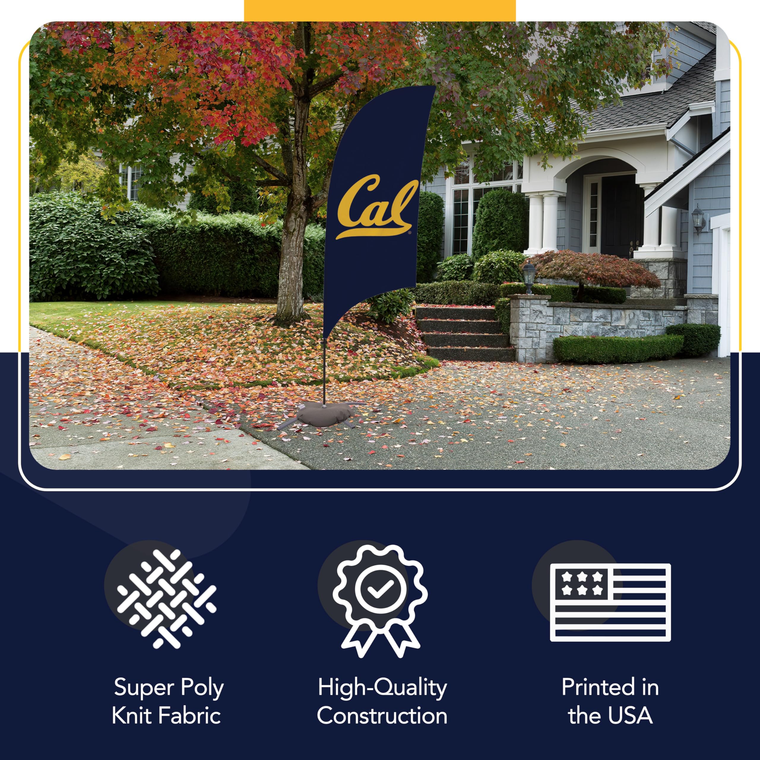 California Bears 7.5ft NCAA Licensed College Sports Feather Flag with Cross Base - Durable Super Polyester Banner for Football Games, Tailgating & School Spirit (Navy Blue)
