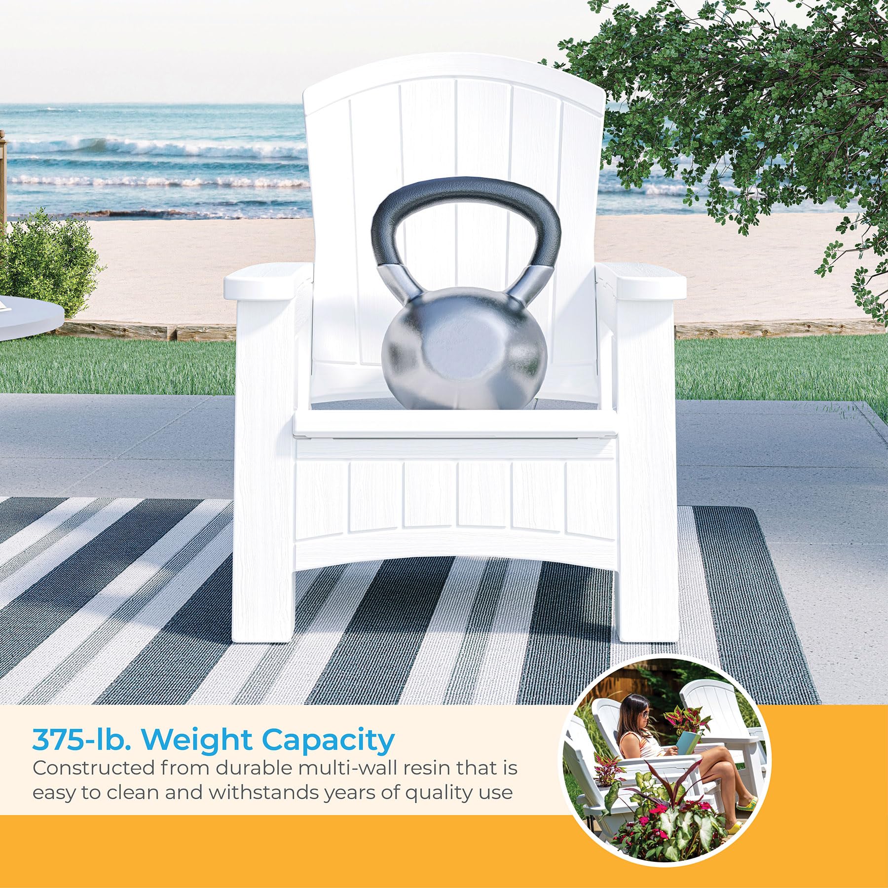 Suncast UV-Resistant White Adirondack Patio Chair with Built-in Seat Storage - Durable Outdoor Furniture for Backyard, Garden, Poolside & Deck Relaxation