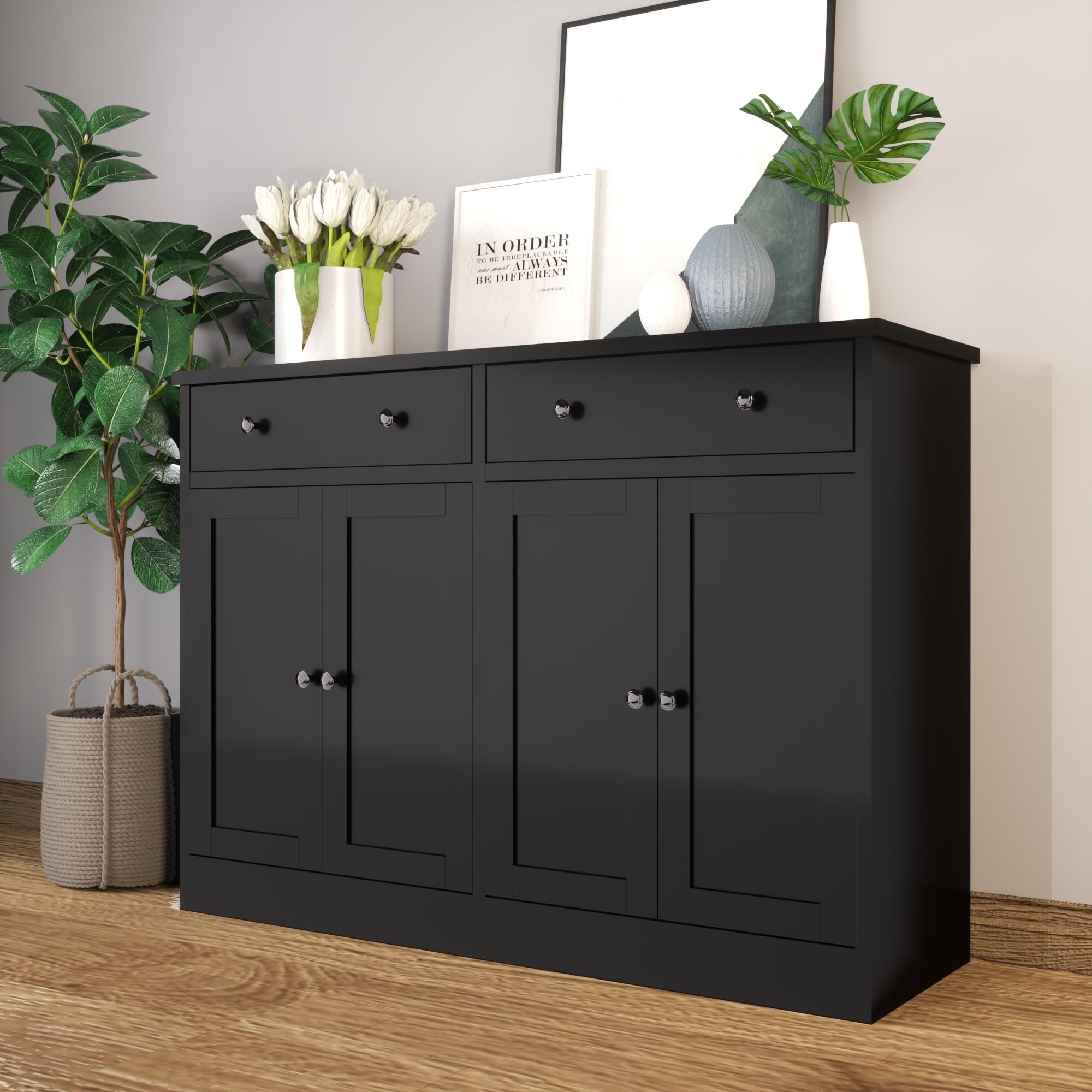 Black Buffet Storage Cabinet with Doors and Drawers - 49 Inch Wide Coffee Bar Cabinet for Kitchen, Living Room & Dining Room - Perfect for Organizing Dishes, Glassware & Serving Essentials