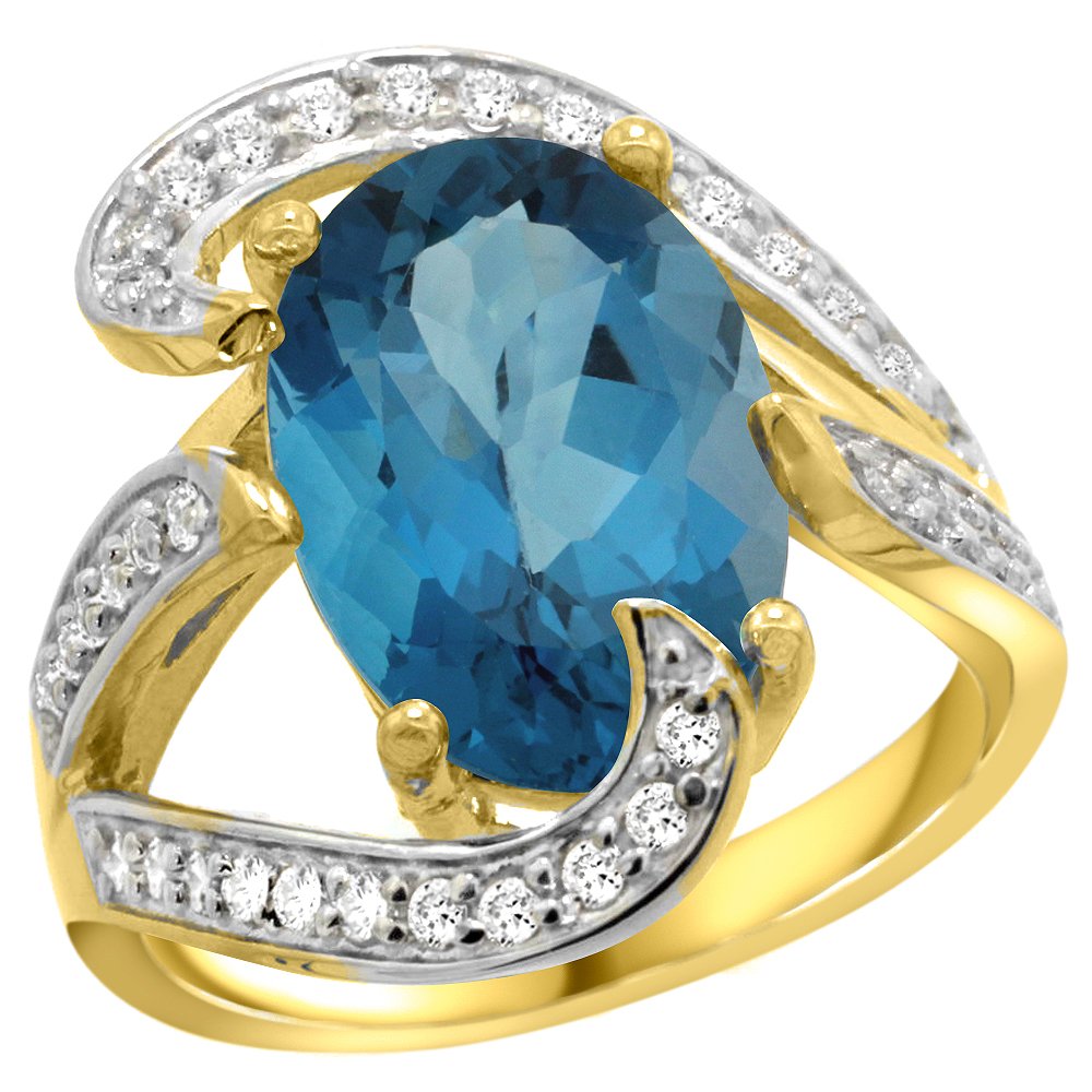 14K Yellow Gold Natural London Blue Topaz Oval Ring with Diamond Accent - 14x10mm, 3/4