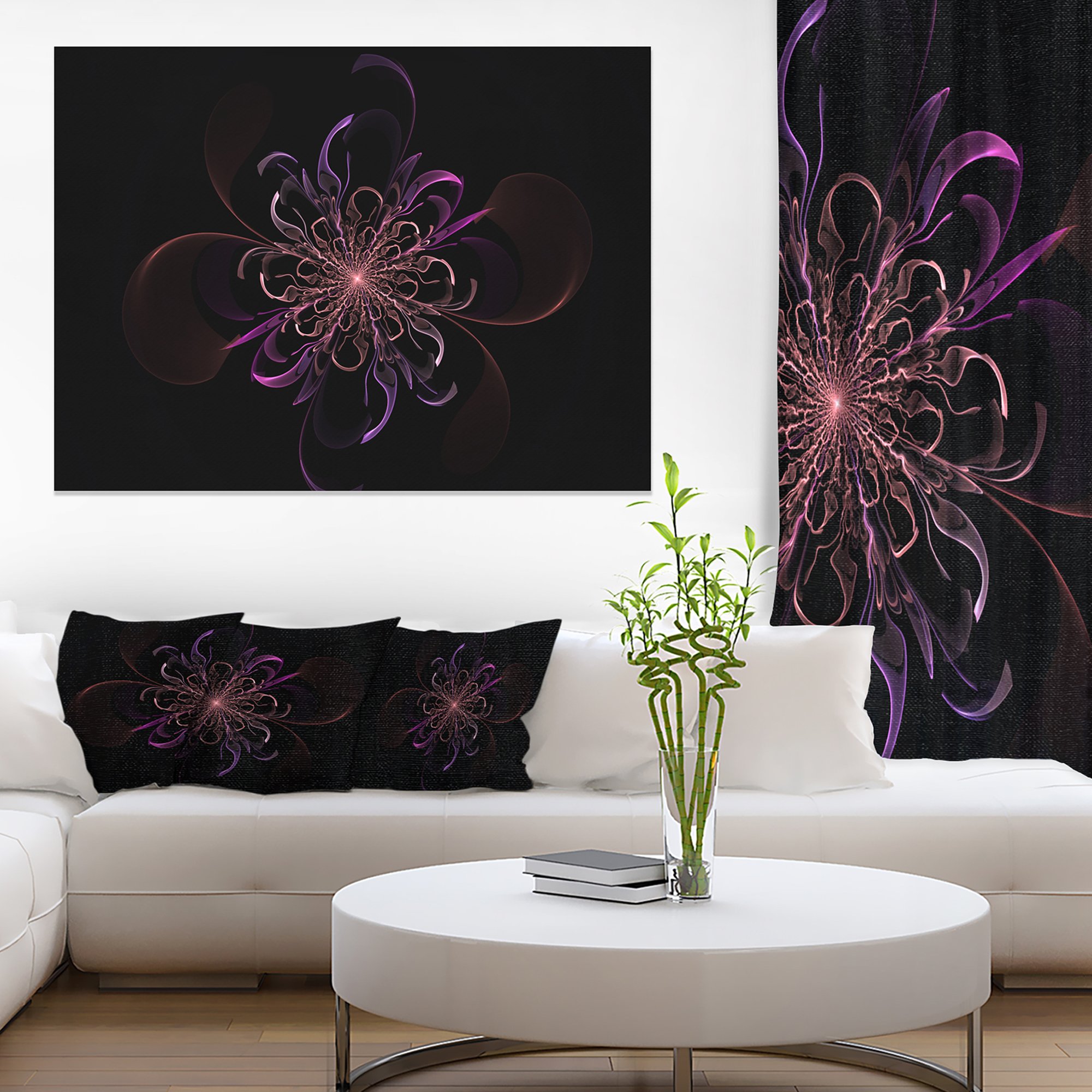 Pink Rounded Fractal Flower Black Floral Canvas Art Print - Modern Wall Decor for Living Room, Bedroom & Office