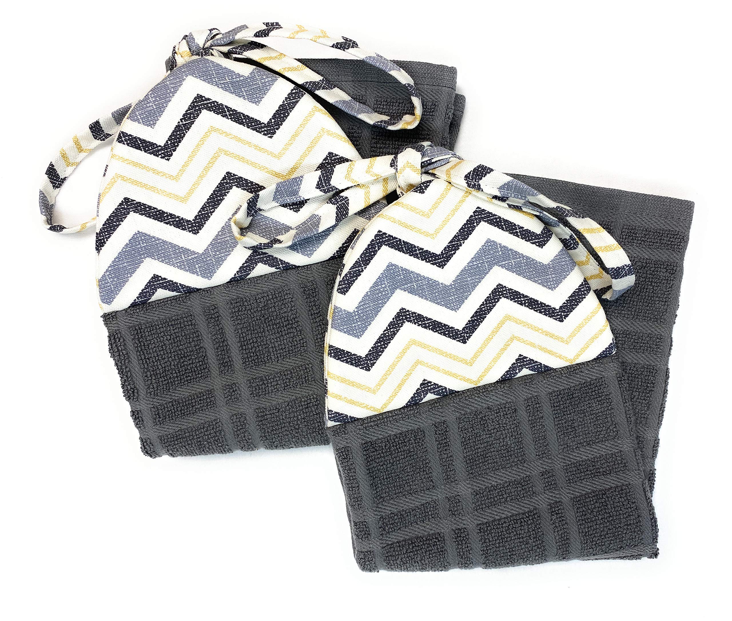 2-Pack Chevron Kitchen Towels - Gray, Yellow & Black Stripes - Stay-Put Hanging Loop - Absorbent Dish Towels for Cooking, Cleaning & Decor