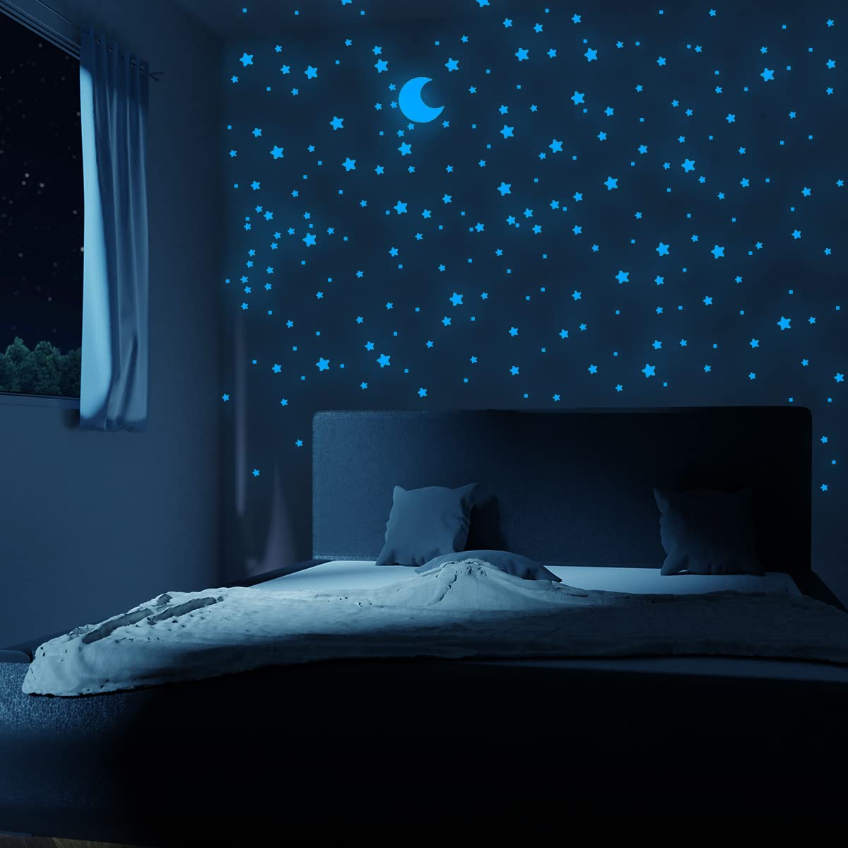 Glow in The Dark Stars for Ceiling and Wall - Blue Glow Ceiling Stars for Kids Bedroom Decor, Wall Stickers - Perfect for Nursery, Playroom, and Relaxing Nighttime Ambiance
