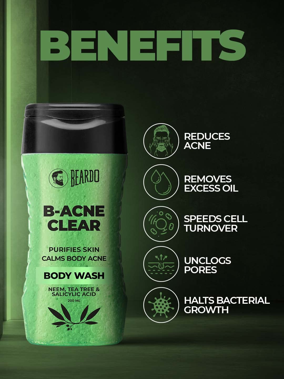 Beardo Body Acne Clear Body Wash for Men 200ml - Neem, Tea Tree & Salicylic Acid Formula for Clean Skin | Treats Body Acne & Purifies Skin | B-acne Solution | Perfect for Gym, Travel & Daily Shower Routine