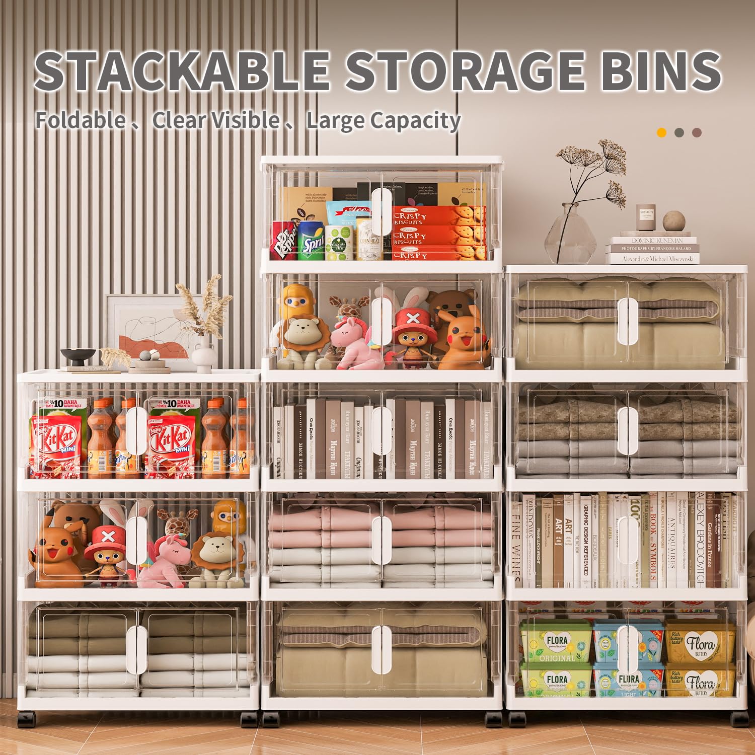 Clear 15 Gallon Collapsible Storage Bins with Lids & Wheels - 5 Pack Plastic Organizing Bins for Closet, Clothes & Home Storage | Stackable, Space-Saving Solution for Bedroom, Garage & Office Organization