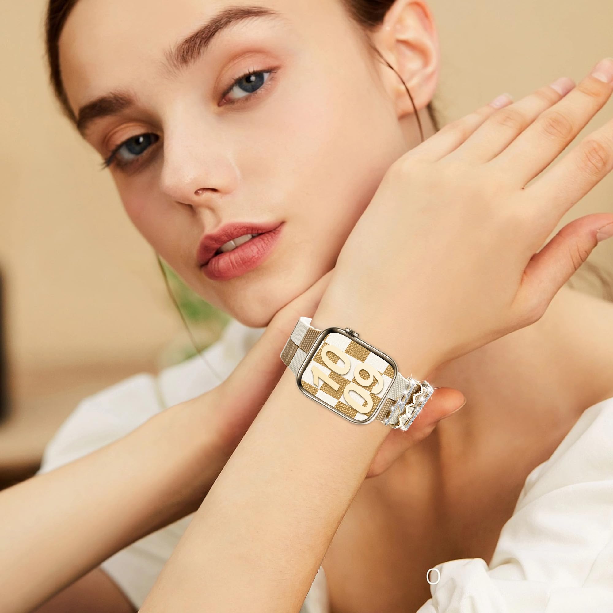Fashionable Checkered Silicone Strap for Apple Watch Band 38mm 40mm 41mm 42mm - Gold Bling Z Charm Sport Wristband Compatible with iWatch Series 10 9 8 7 6 5 4 3 SE - Perfect for Women's Workout, Running & Everyday Wear
