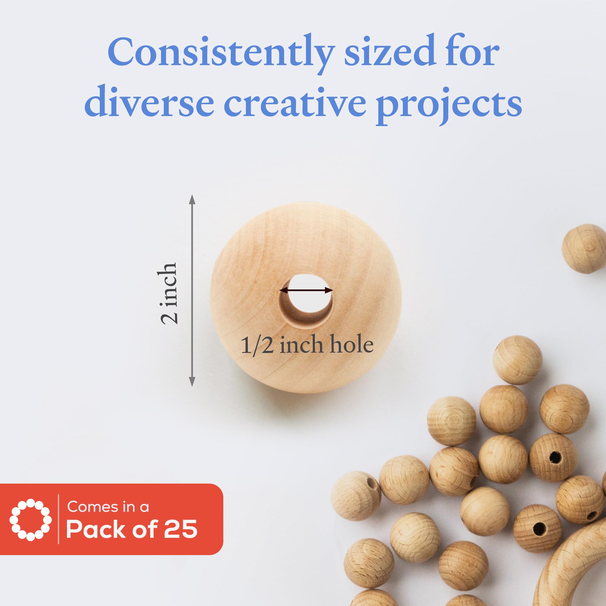 51mm Large Wooden Beads for Crafts - Pack of 25 Natural Wood Beads with 2 x 1/2 Inch Holes for DIY Jewelry Making, Home Decor & Macrame Projects | Perfect for Necklaces, Bracelets, Wall Hangings & Creative Crafting
