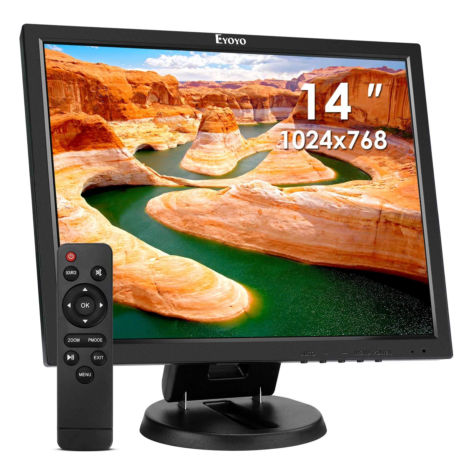 Eyoyo 14 Inch LCD HDMI Monitor - 1024x768 Resolution, VGA Display for Security Cameras with HDMI/VGA/AV/BNC Inputs, Built-in Speakers & Remote Control - Ideal for Surveillance, Gaming & Home Office Use