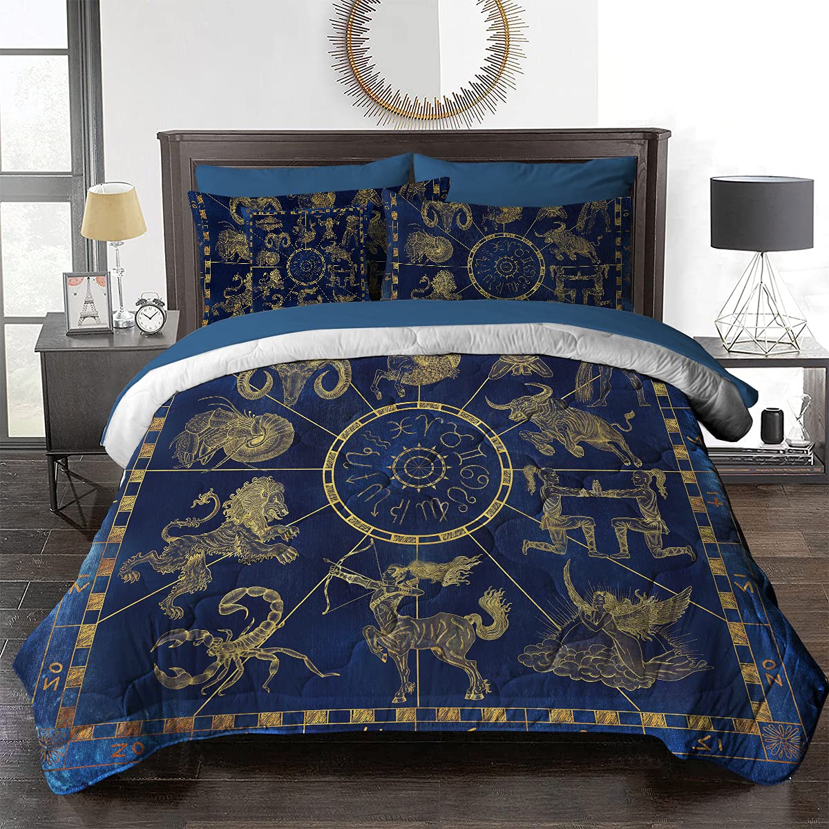 BlessLiving Astrology Twin Comforter Set - 8 Piece Vintage World Map Bedding Set with Comforter & Sheets | All Season Down Alternative Celestial Bedding in Blue & Gold | Perfect for Dorm Rooms, Guest Bedrooms & Starry Night Decor