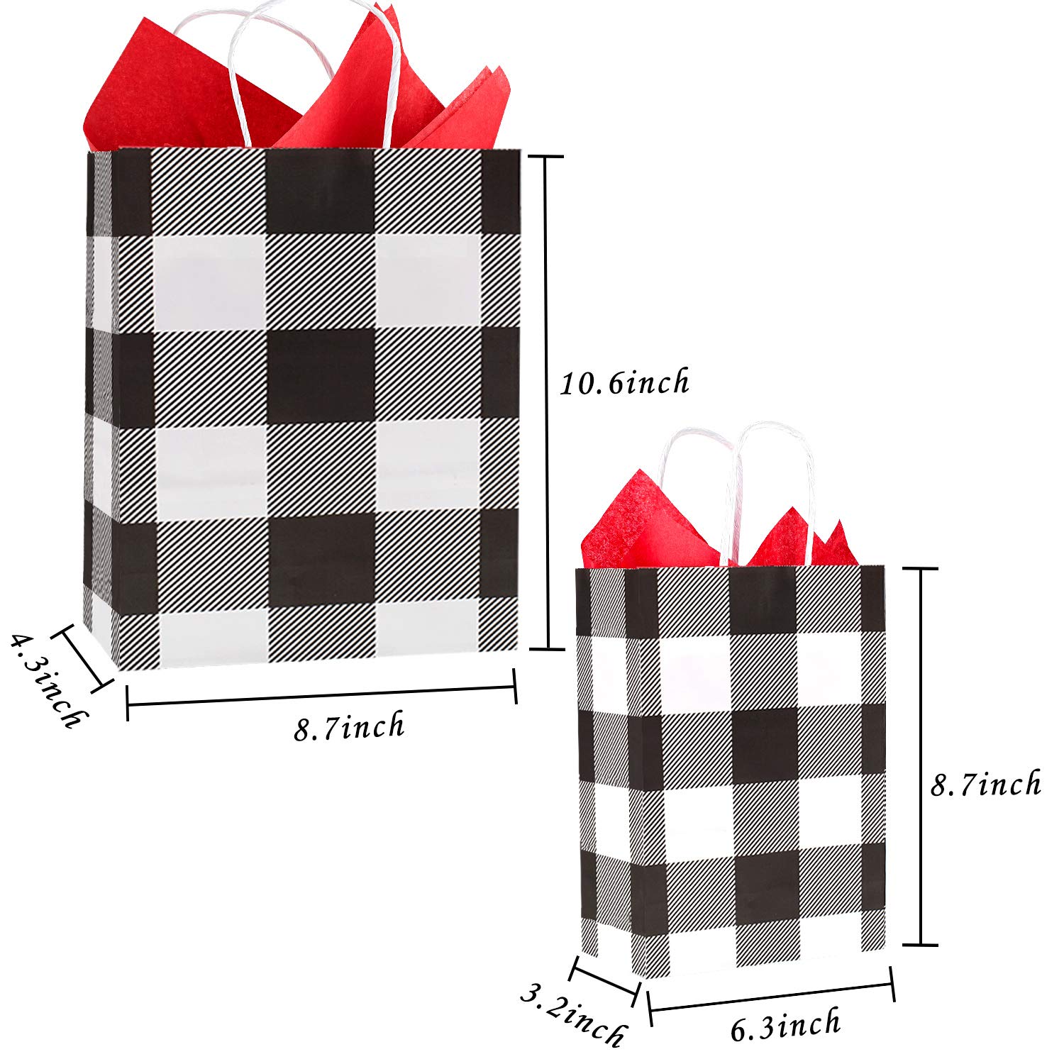 24 Pack Christmas Buffalo Plaid Gift Bags with 20x20 Red Tissue Paper - White & Black Kraft Paper Bags for Holiday Party, Wedding, Birthday Gifts - Perfect for Christmas Wrapping, Party Favors and Festive Gift Giving