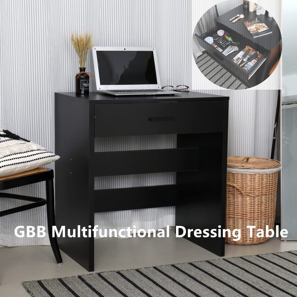 GBB Single Drawer Vanity Table with LED Lights & Large Mirror - Makeup Dressing Table for Bedroom, Home Office, Hair Salon & Studio - Black Cosmetic Storage Desk with Adjustable Cold Lighting for Professional & Home Use