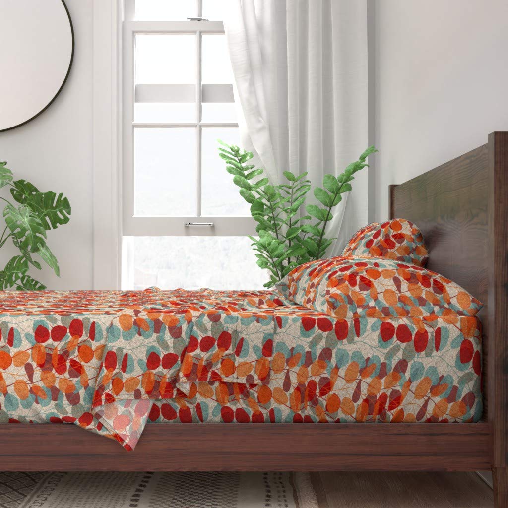Premium 100% Cotton Twin 3-Piece Sheet Set | Leaves Red Nature Orange Branches Blue Fall Autumn Print Custom Bedding by Spoonflower - Perfect for Seasonal Home Decor & Cozy Bedroom Upgrade