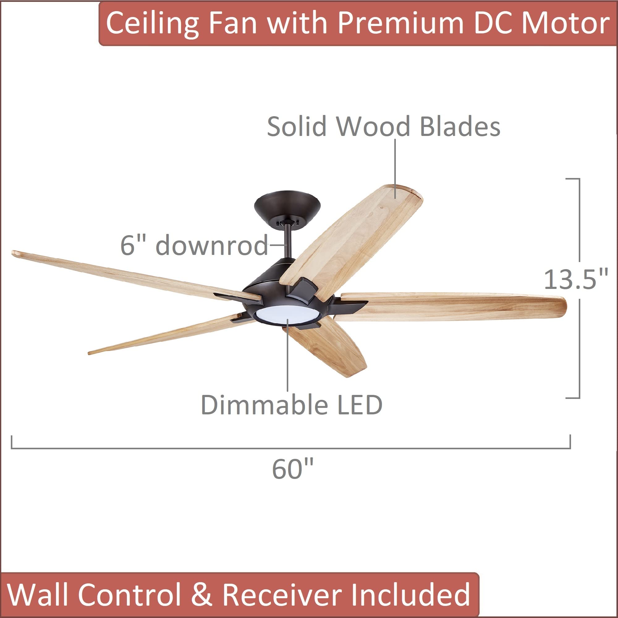 Dorian Eco 60 Inch Ceiling Fan with Light - Dimmable LED Fixture & Premium DC Motor - 6-Speed Wall Control - Natural Solid Wood Blades - Oil Rubbed Bronze Finish - Perfect for Living Room, Bedroom, or Outdoor Covered Patio