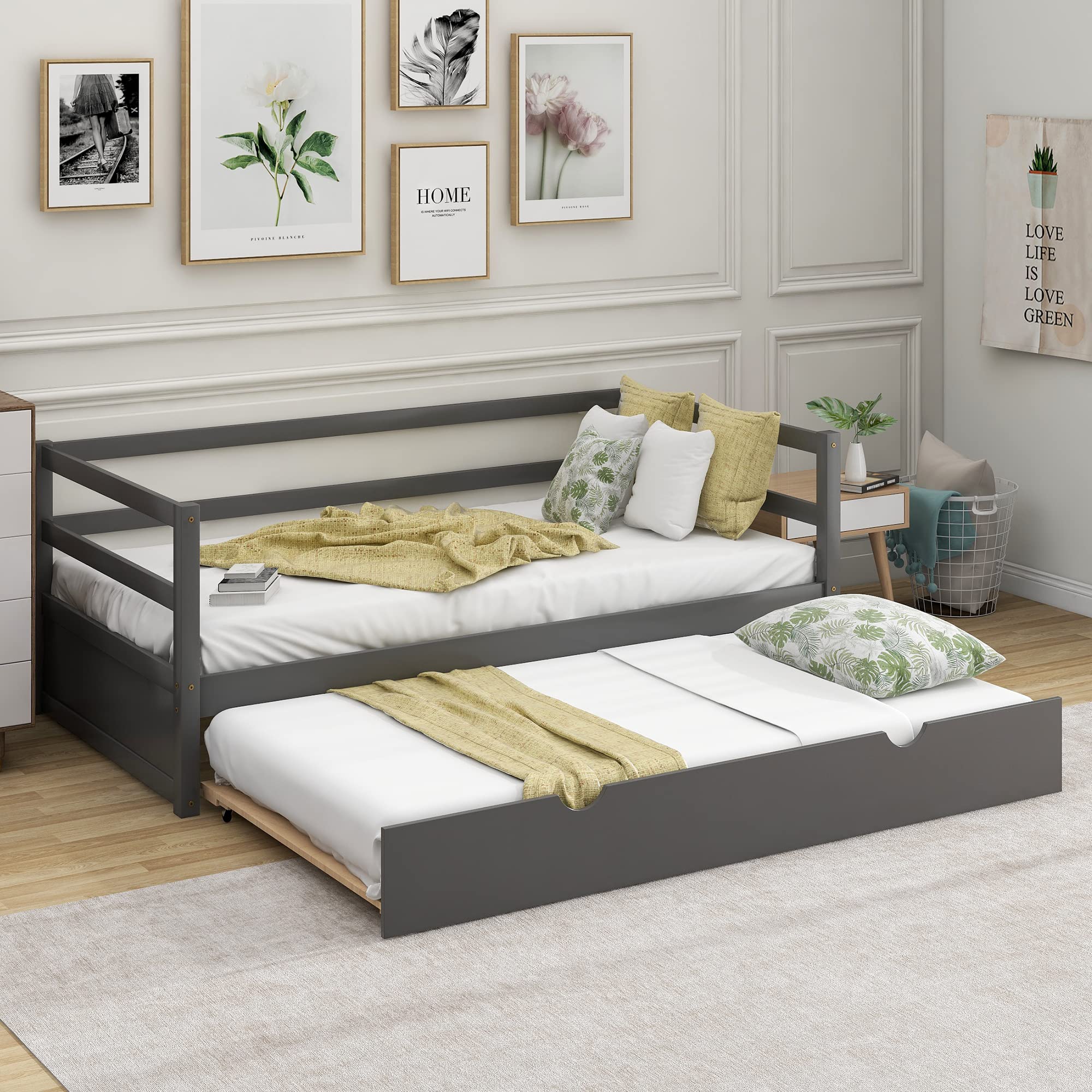 Modern Twin Size Daybed with Trundle - Solid Wood Frame with Slat Support for Kids, Teens & Adults - Convertible Sofa Bed for Guest Room, Dorm or Living Room - No Box Spring Needed (Gray/Twin+P) - Perfect for Small Spaces, Sleepovers & Multi-Functional Furniture Needs