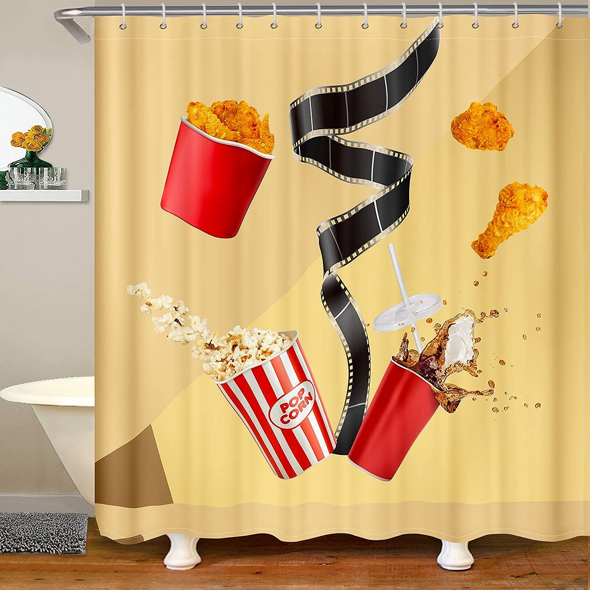 Feelyou Waterproof Bath Shower Curtain - Fun Fried Chicken & Popcorn Movie Theme for Kids & Boys Bathroom Decor - 72x78 Inches - Perfect for Themed Bathrooms & Movie Night Fun