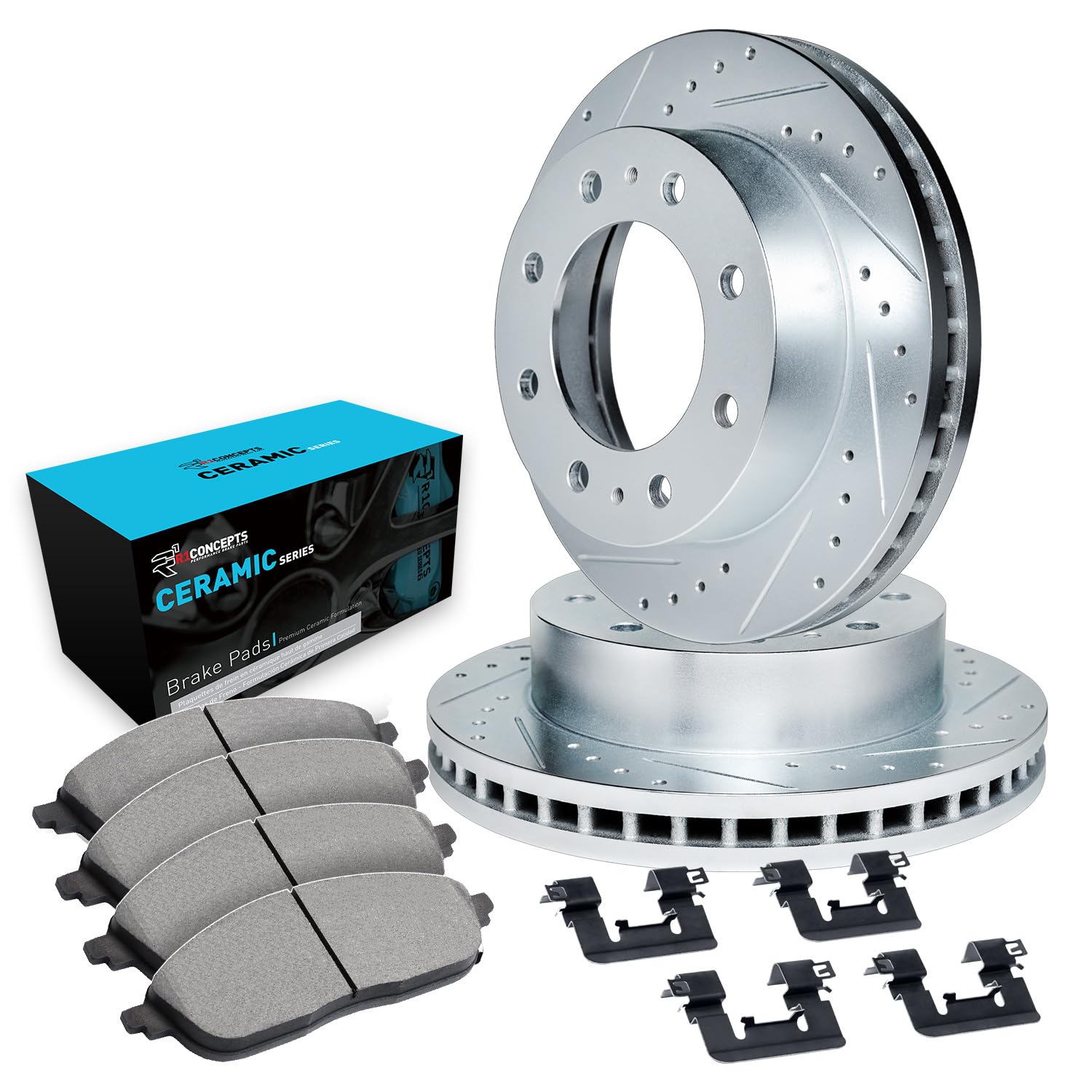 R1 Concepts Premium Front Brake Pads and Rotors Kit - Ceramic Brake Pads with Drilled & Slotted Rotors - Complete Hardware Included - Compatible with 1973-1979 Ford F-250 - Perfect for Heavy-Duty Towing & Off-Road Performance