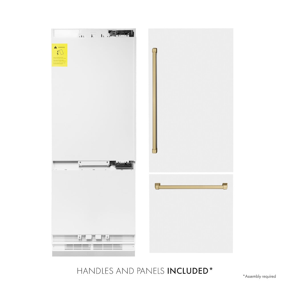 ZLINE Autograph Edition 30 Inch Built-In Bottom Freezer Refrigerator - 16.1 cu ft Capacity, Water Dispenser & Ice Maker - White Matte Finish with Champagne Bronze Accents (RBIVZ WM 30 CB) - Perfect for Modern Kitchens & Open Concept Homes