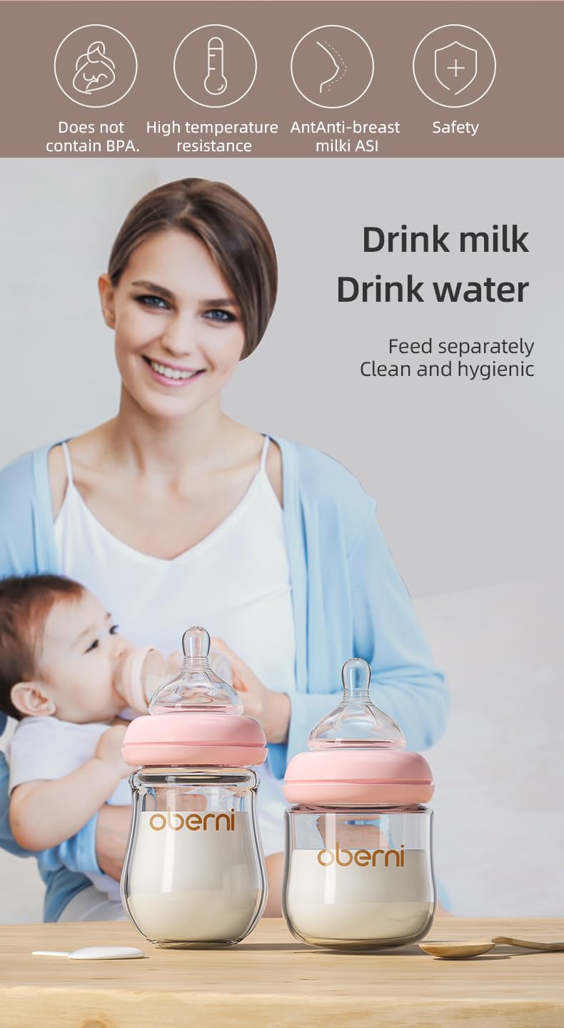 Oberni Glass Baby Bottles for Newborns 0-3 Months - 120ml/4oz Anti-Colic Infant Bottle with Natural Response Slow Flow Nipple (Pink, 1 Pack) - Perfect for Breastfeeding Transition & Gentle Feeding at Home or On-the-Go
