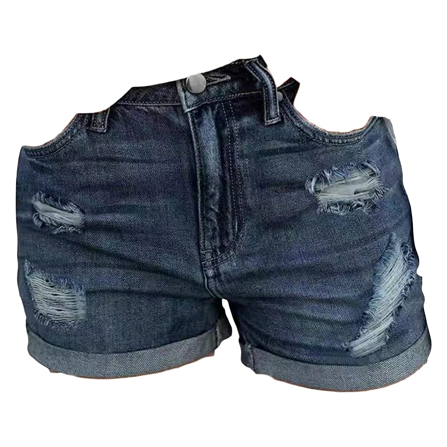 Women's Mid Rise Rolled Denim Shorts - Ripped Distressed Jean Shorts with Washed Folded Hem - Stretchy Casual Hot Pants (Dark Blue, Medium) | Perfect for Summer Outfits, Beach Vacations & Casual Streetwear