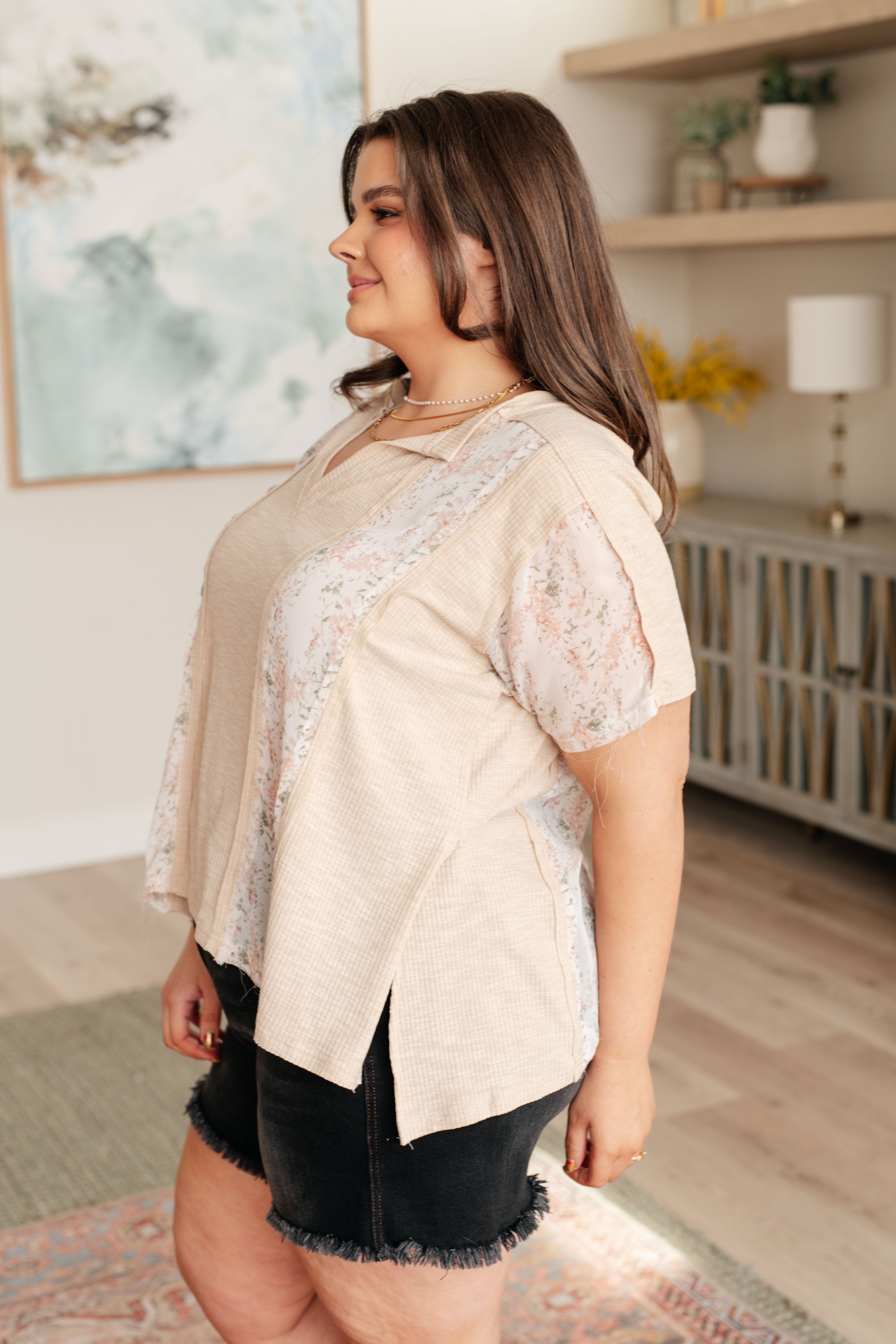 Floral Accent Top in Toasted Almond - Women's Boho Blouse for Spring & Summer | Perfect for Casual Outings, Beach Vacations & Date Nights