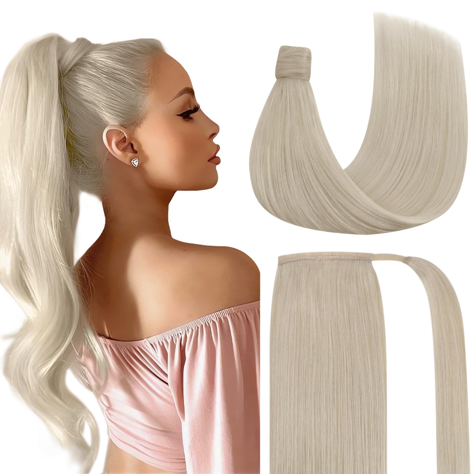 Ve Sunny 22inch Platinum Blonde Clip-in Ponytail Extension - 80g Human Hair (Dyeable) for Women | Perfect for Parties, Weddings & Everyday Styling